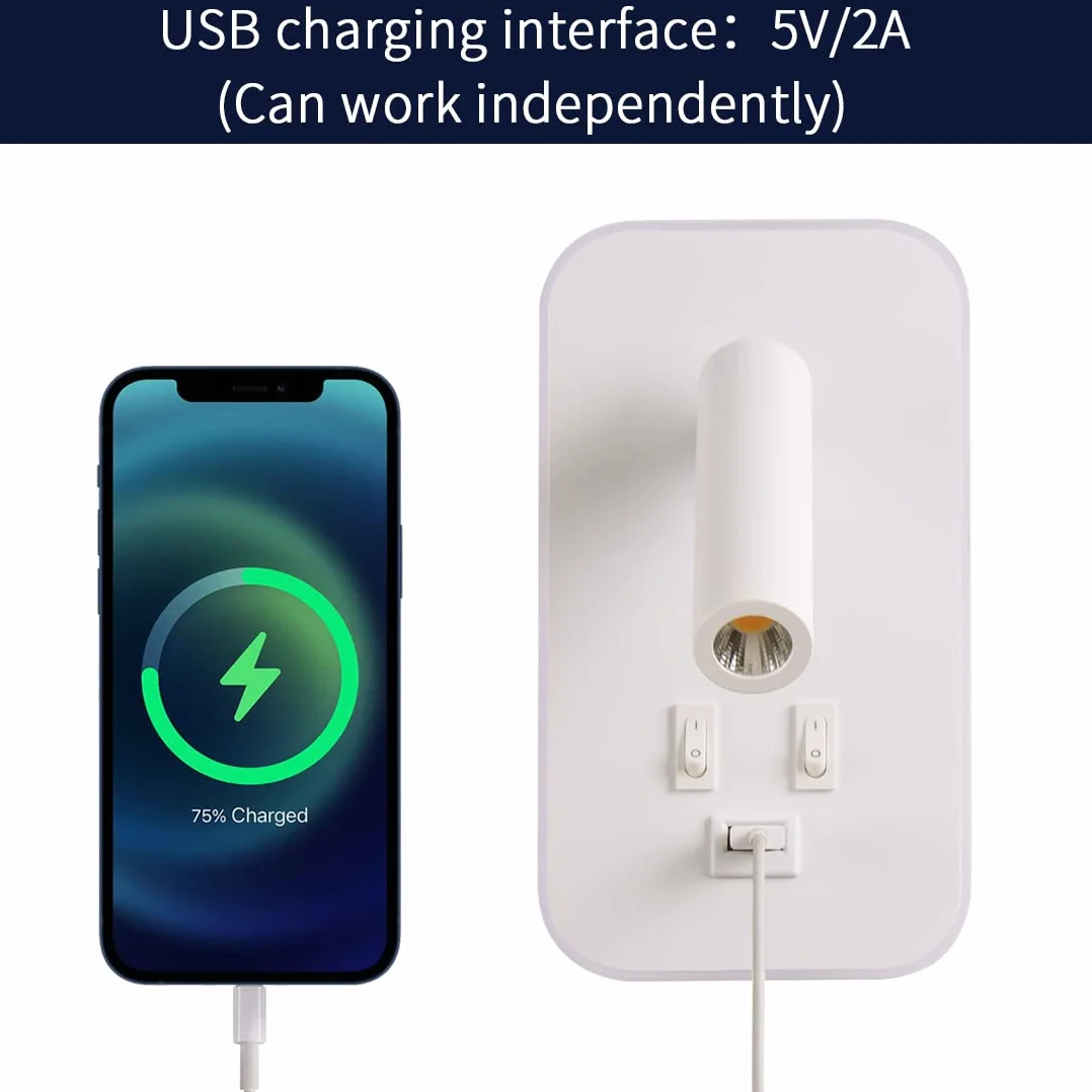 LED Kinkiet, z Przełącznikiem, z portem ładowania USB, 350°Obrotowa Lampka Nocna Nowoczesna Lampa do Czytania Lampa Ścienna Ciepłe Białe Światło 3W 3100K+9W 6000K do sypialni, nauka (Biały)
