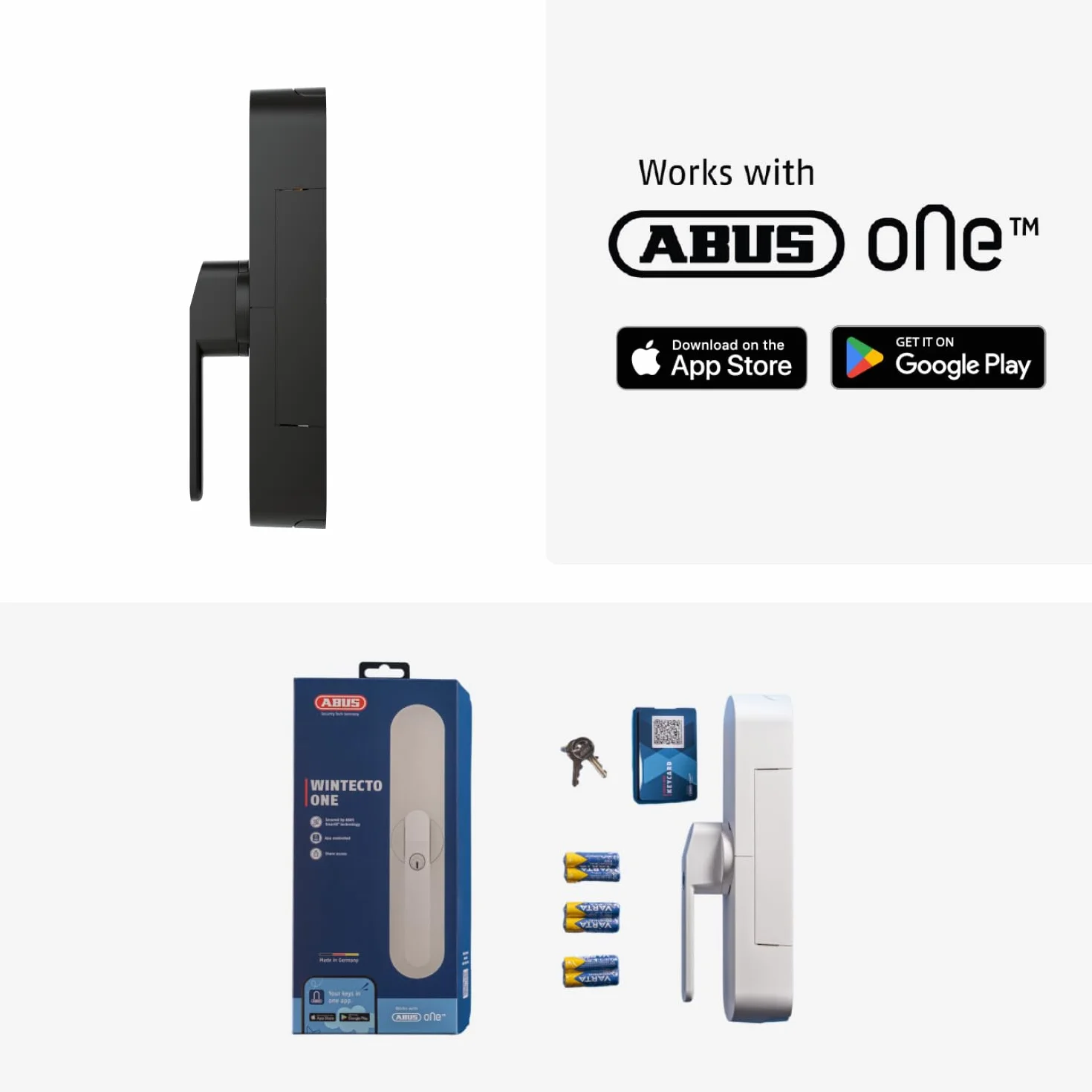 ABUS Wintecto One Napęd okienny, inteligentny uchwyt okienny do okien, drzwi balkonowych i tarasowych, z funkcją alarmu, łatwy montaż bez wiercenia, kolor czarny, różne zamknięcia