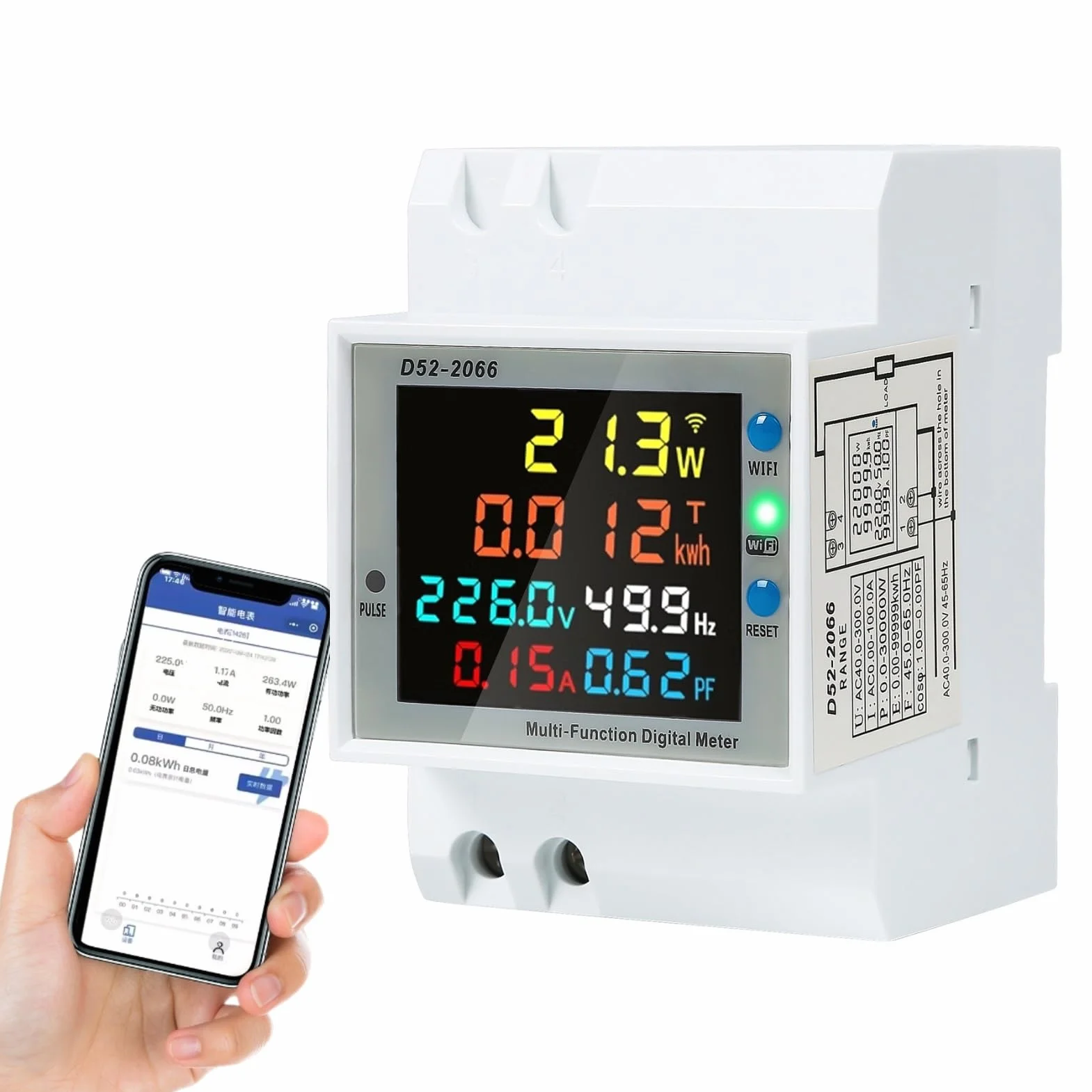 Jadeshay Inteligentny licznik prądu WiFi, szyna montażowa, 6 w 1, LCD, cyfrowy licznik prądu zmiennego, szyna montażowa, licznik KWh, AC40-300 V, 100 A, z wyświetlaczem LCD (wbudowany CT)