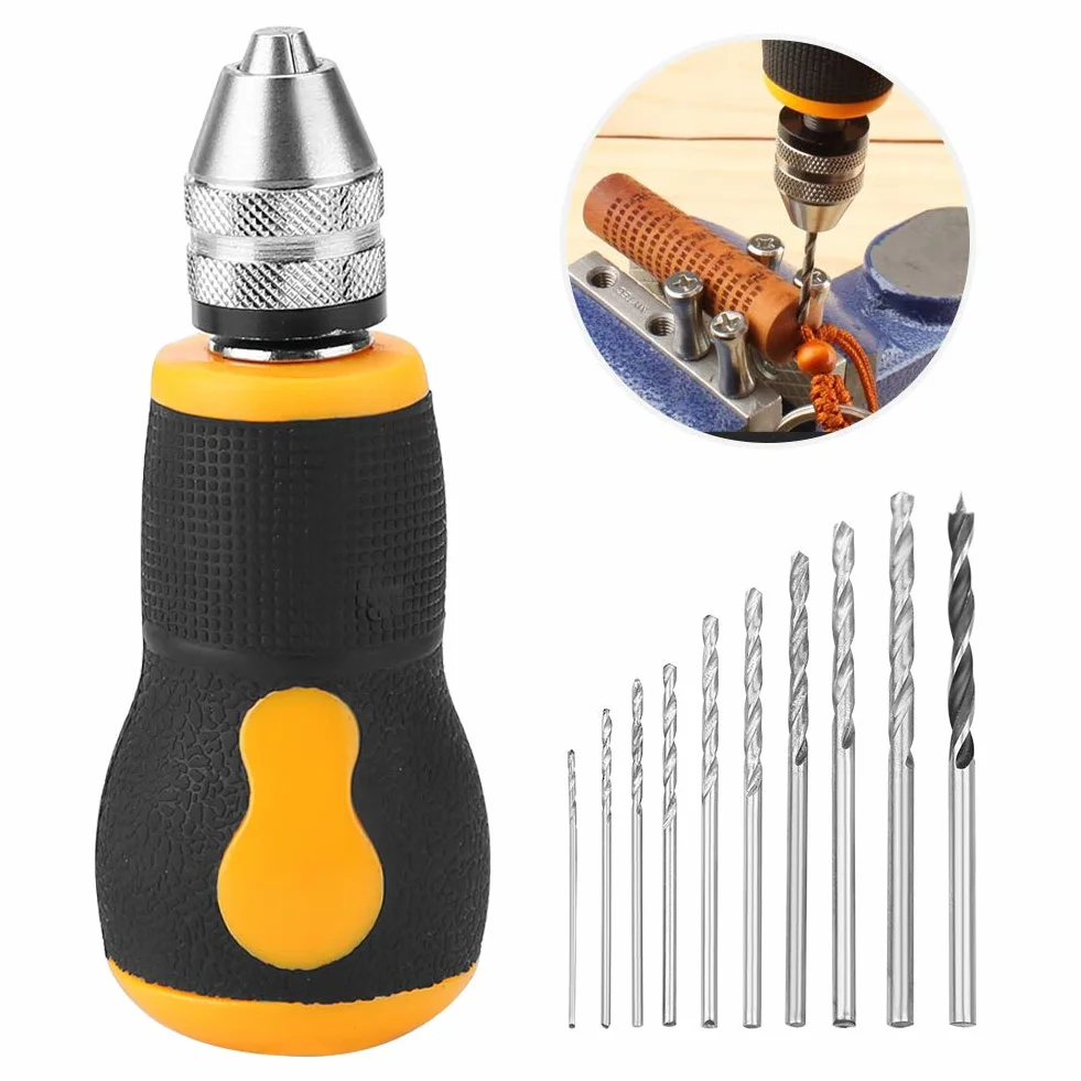 Mini Wiertarka Ręczna, Zestaw 10 Małych Wierteł Ręcznych Wierteł Krętych Micro Mini Przenośny Zestaw Narzędzi 0.8-3.0mm do Biżuterii Modelowej Orzech Bursztynowy Wosk Pszczeli Oliwna Nakrętka