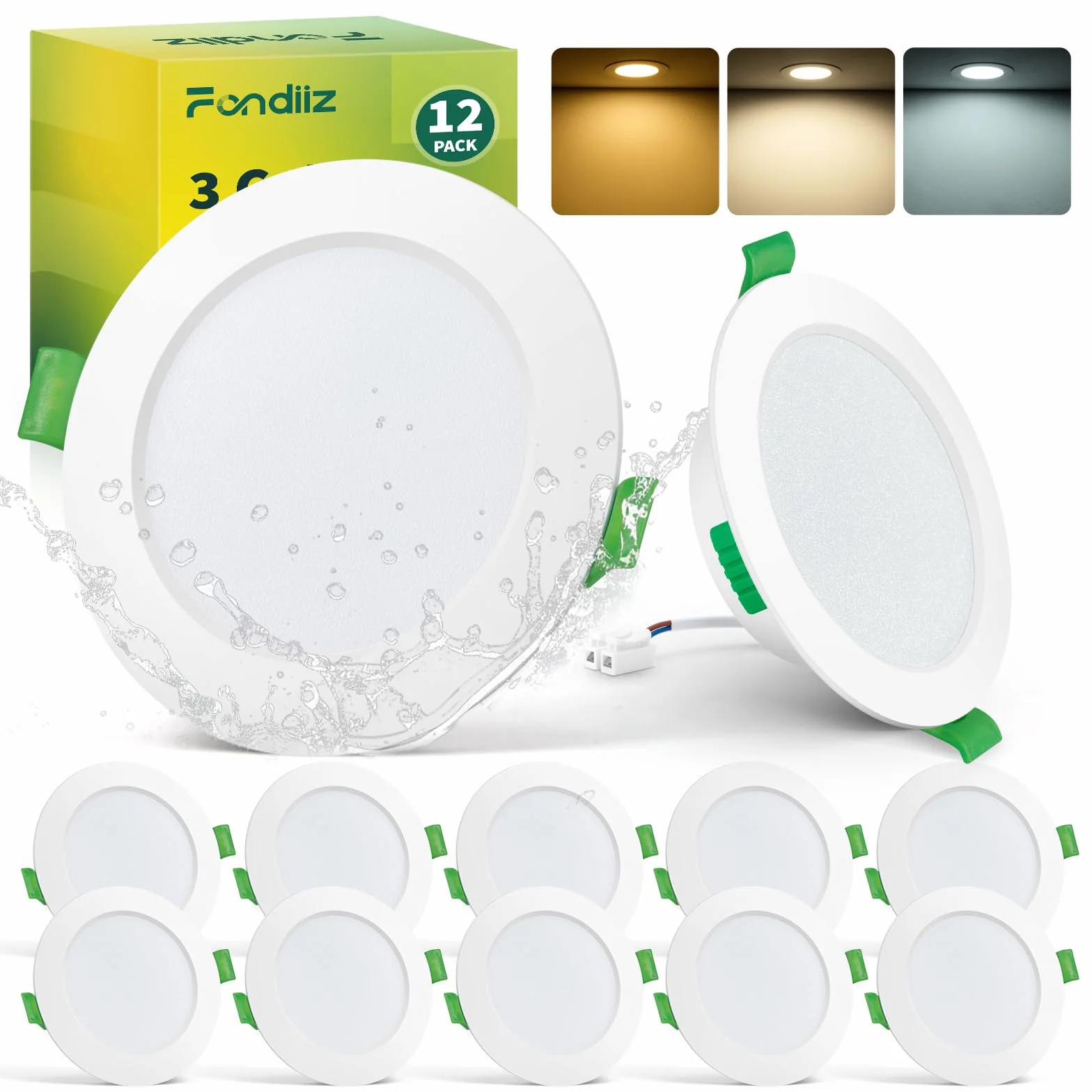 Fondiiz 12-pakiet LED świateł sufitowych 5W 3CCT 2700K-6000K wycięcie 68mm IP44 do łazienki