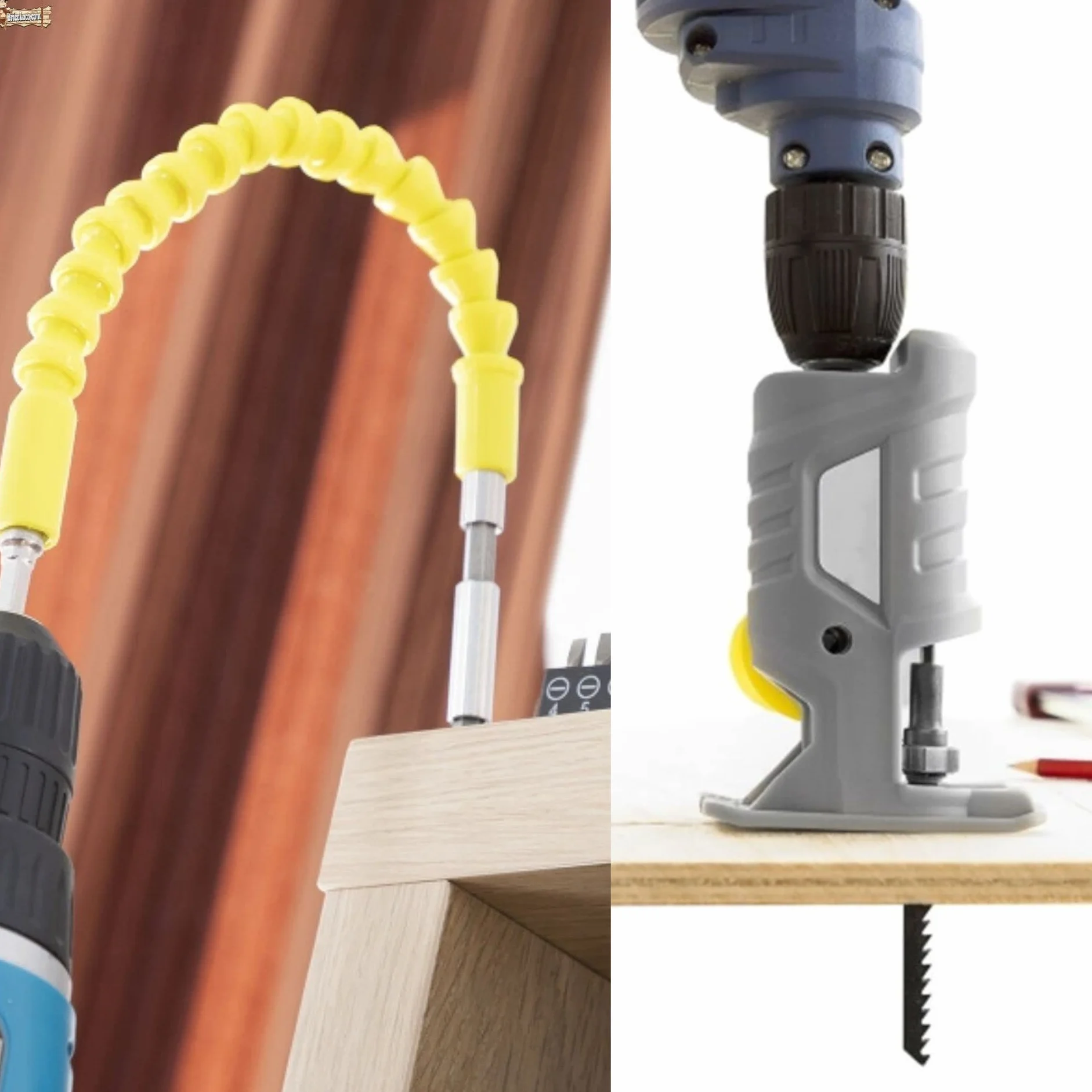 BricoLoco.com Zestaw akcesoriów do wiertarki Elastyczny przedłużacz do łatwego wkręcania w trudnych miejscach + adapter do wyrzynarki do wkrętarki.
