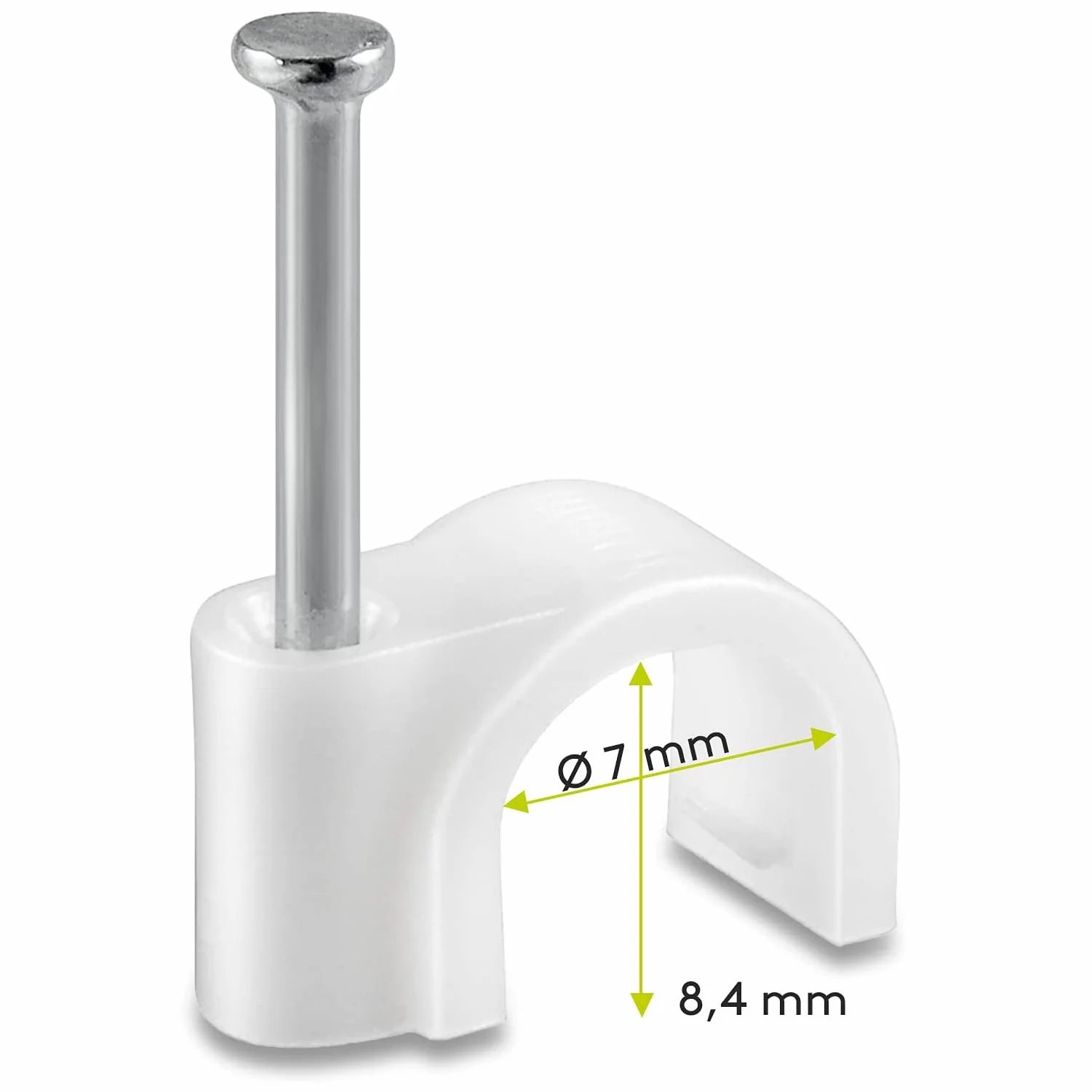 100 x obejma kablowa | 7 mm | Obejma do paznokci zacisk do kabli Klipsy samoprzylepne z wtopionym gwoździem | Wysokość: 8,4 mm | Biały | 100 sztuk