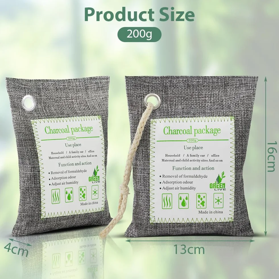HOTUT Worki do oczyszczania powietrza z węgla bambusowego, 4 x 200 g, worki z węglem aktywnym, usuwają zapachy i wilgoć, pochłaniają zapachy do domu, samochodu, zwierząt domowych, łazienki