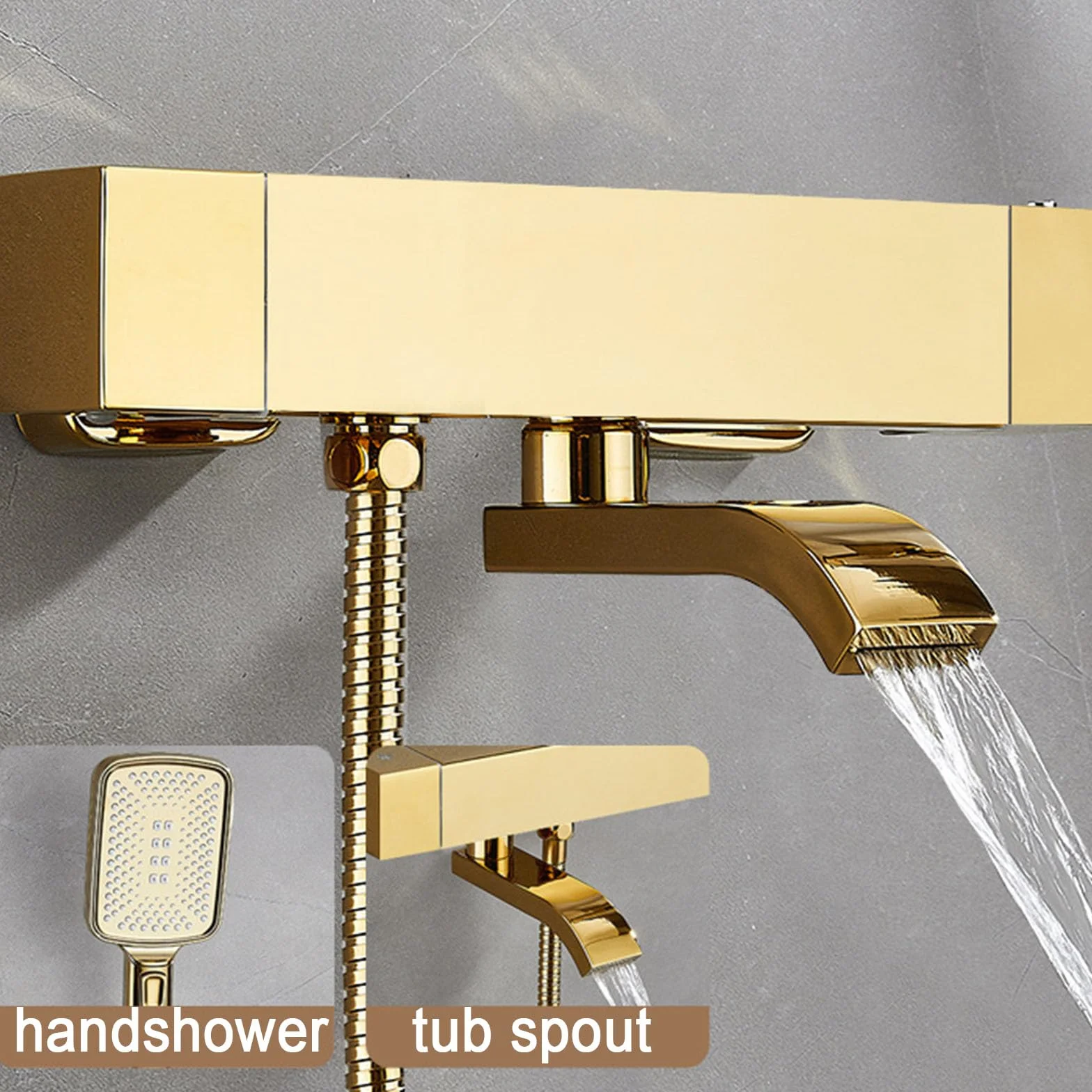 QHQQXN Termostatyczna bateria wannowa złota, bateria wannowa do montażu na ścianie z główką prysznicową, obrotowa wylewka wannowa 360°, napełniacz wanny ze spryskiwaczem, bateria prysznicowa w