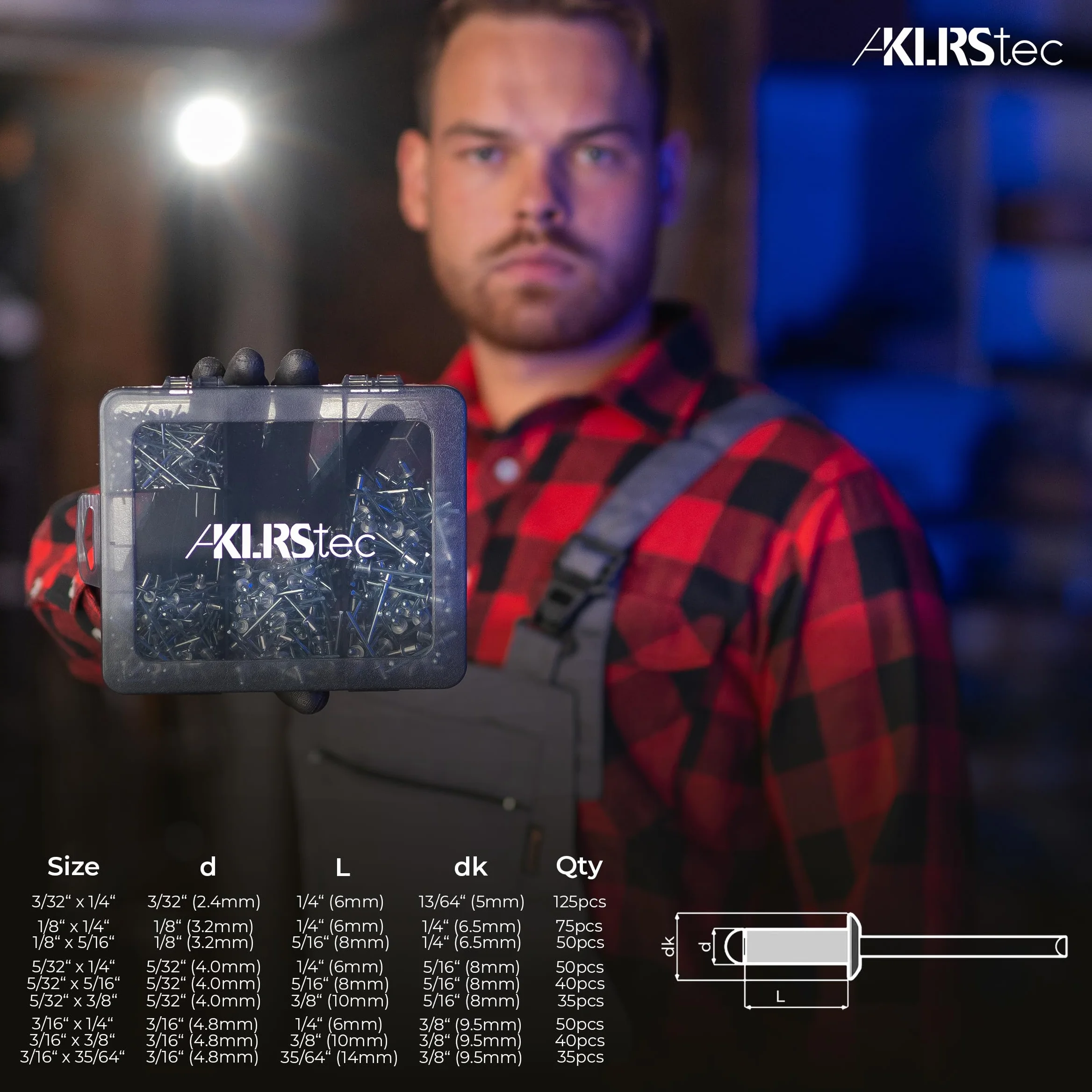KLRStec Professional Zestaw śrub wkrętnych [500szt.] Aluminium/stalowe śruby wkręcane zestaw do nitownic 125szt. każdej wielkości (2,4mm, 3,2mm, 4,0mm i 4,8mm)