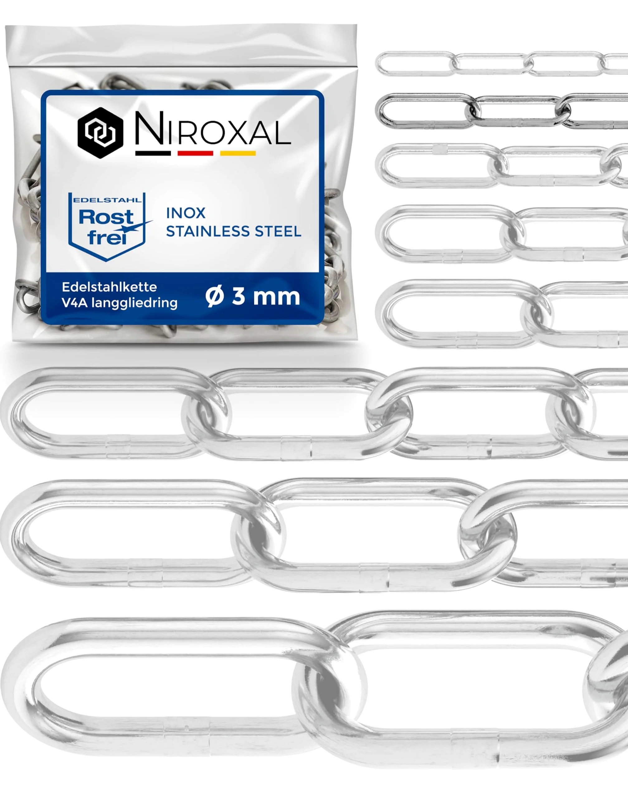 Łańcuch ze stali nierdzewnej o grubości 12 metrów, 3 mm, V4A, wzdłużny od NietFullThings on Piece łańcuszek kotwiczny DIN 5685 DIN 763 12 m A4