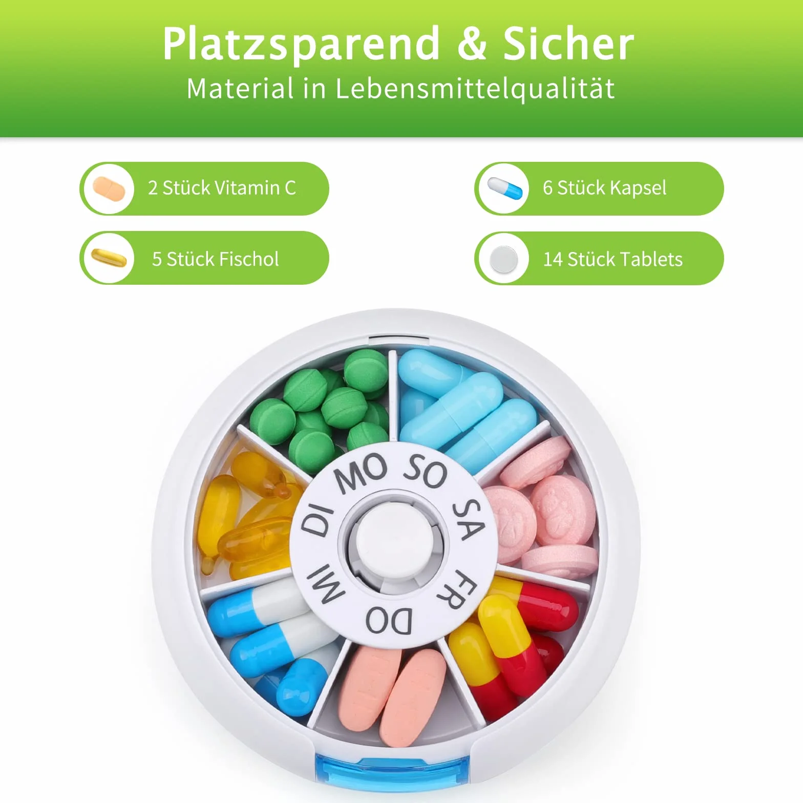 Opret Pudełko na tabletki, 7 dni, małe pudełko na lekarstwa, 7 dni, pudełko tygodniowe, pudełko na tabletki, pudełko na tabletki w podróży, okrągłe, niebieskie, czarne
