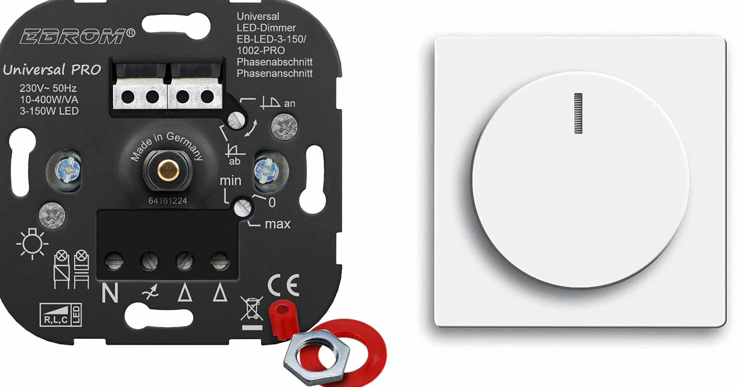 EBROM® Podtynkowy uniwersalny ściemniacz obrotowy LED + osłona ściemniacza 6540-84-102, biała studyjna, błyszcząca, Future Linear, sekcja faz i przycinanie faz do LED 3-150 W i halogenu 10-400 W/VA