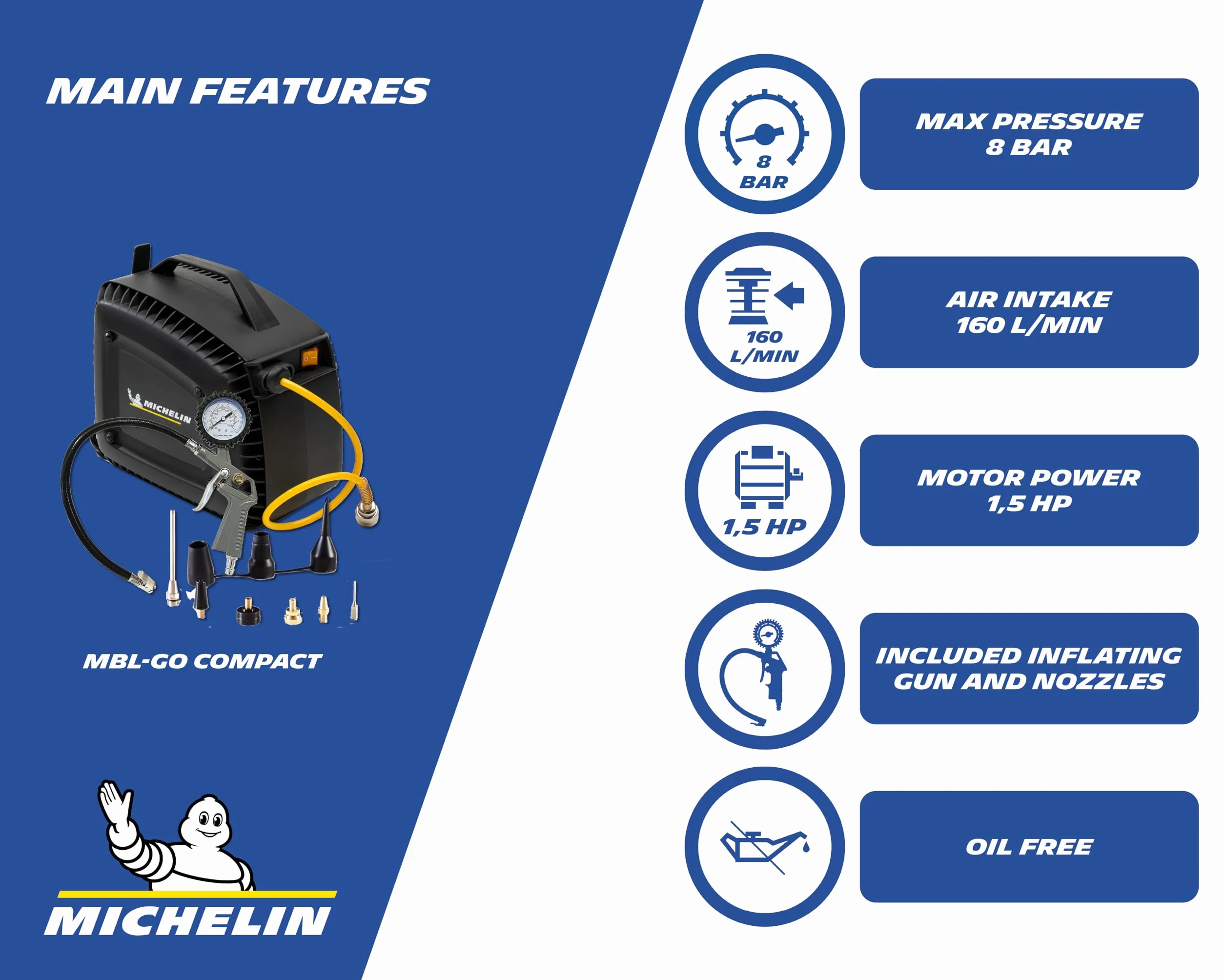 Michelin Przenośna sprężarka powietrza MBL-GO COMPACT, bezolejowa sprężarka, pistolet pneumatyczny z manometrem, maksymalne ciśnienie: 8 bar, z automatycznym wężem nawijającym, moc: 1,5 KM, poziom