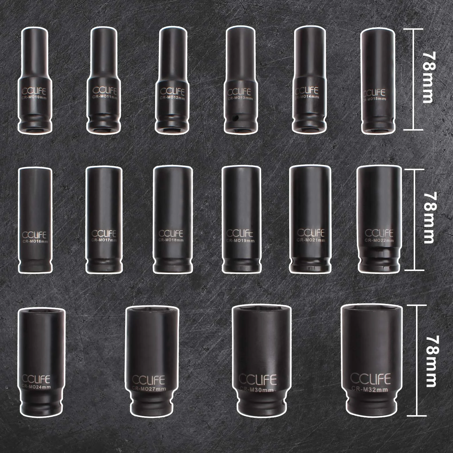 CCLIFE Zestaw nasadek udarowych, głębokie nasadki udarowe 1/2" sześciokątne metryczne 10-32 mm, 16 sztuk