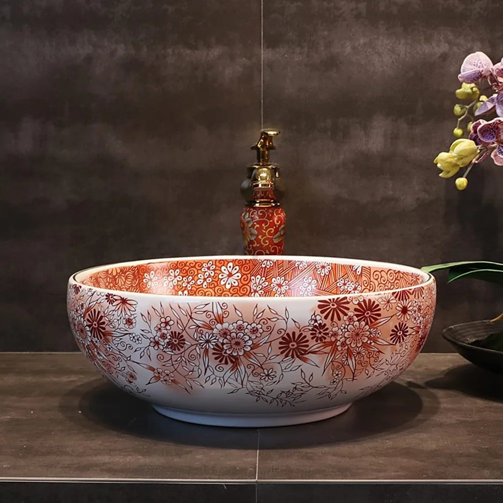 Szafka Pod Umywalkę Z Umywalką, Umywalka Łazienkowa, Umywalka Nablatowa, Abstrakcyjna Czerwona Umywalka, Ceramiczna Elegancka Umywalka Pod Umywalkę, Hotelowa Umywalka Retro, Meble Łazienkowe, Zestaw