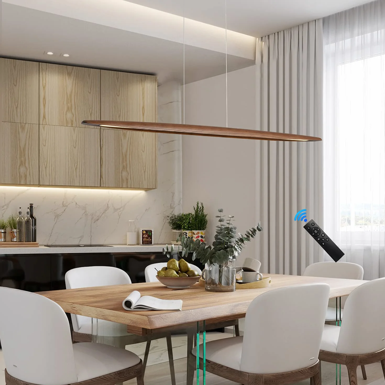 YISDESIGN 180 cm drewniana liniowa lampa wisząca - światła do jadalni i wyspy - LED ściemniany liniowy żyrandol - 40 W - kolor orzecha włoskiego