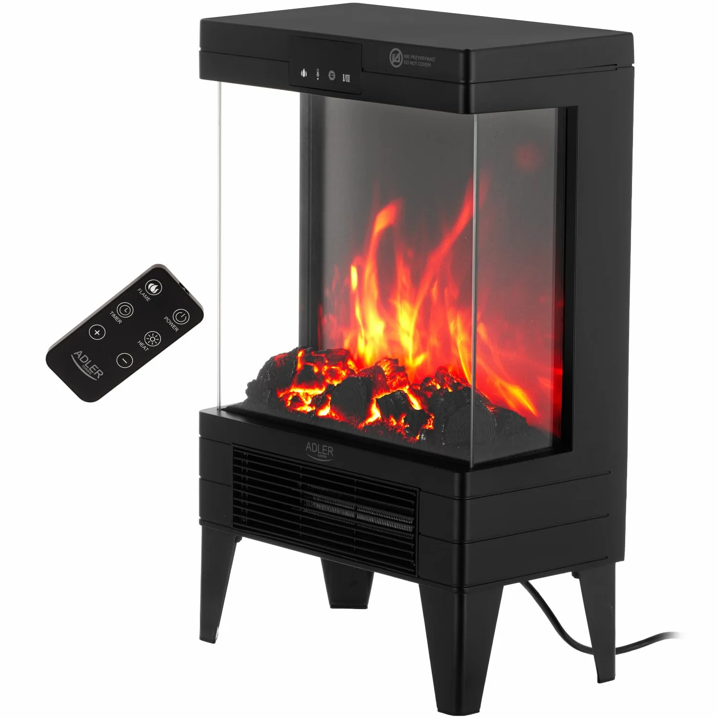 Adler AD 7755 elektryczny kominek LED 2000 W – efekt płomienia 3D, termostat 15–38°C, timer 1–12 godzin, ekran dotykowy, pilot zdalnego sterowania, nowoczesna przenośna konstrukcja, szkło hartowane