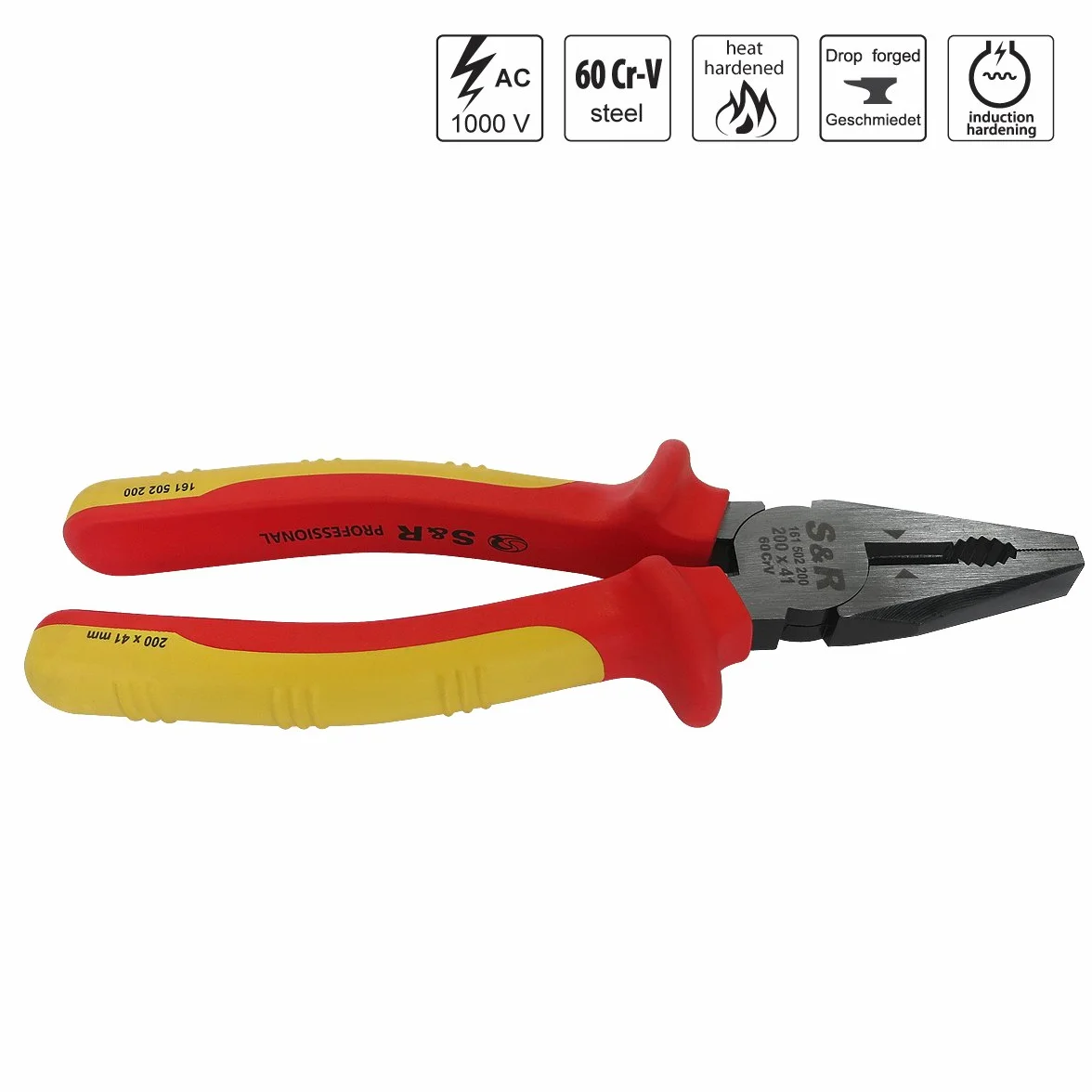 S&R Szczypce kombinowane z certyfikatem VDE 200 mm 1000 V, szczęki 41 mm, stal 60CrV, HRC 58-65, fosforanowane
