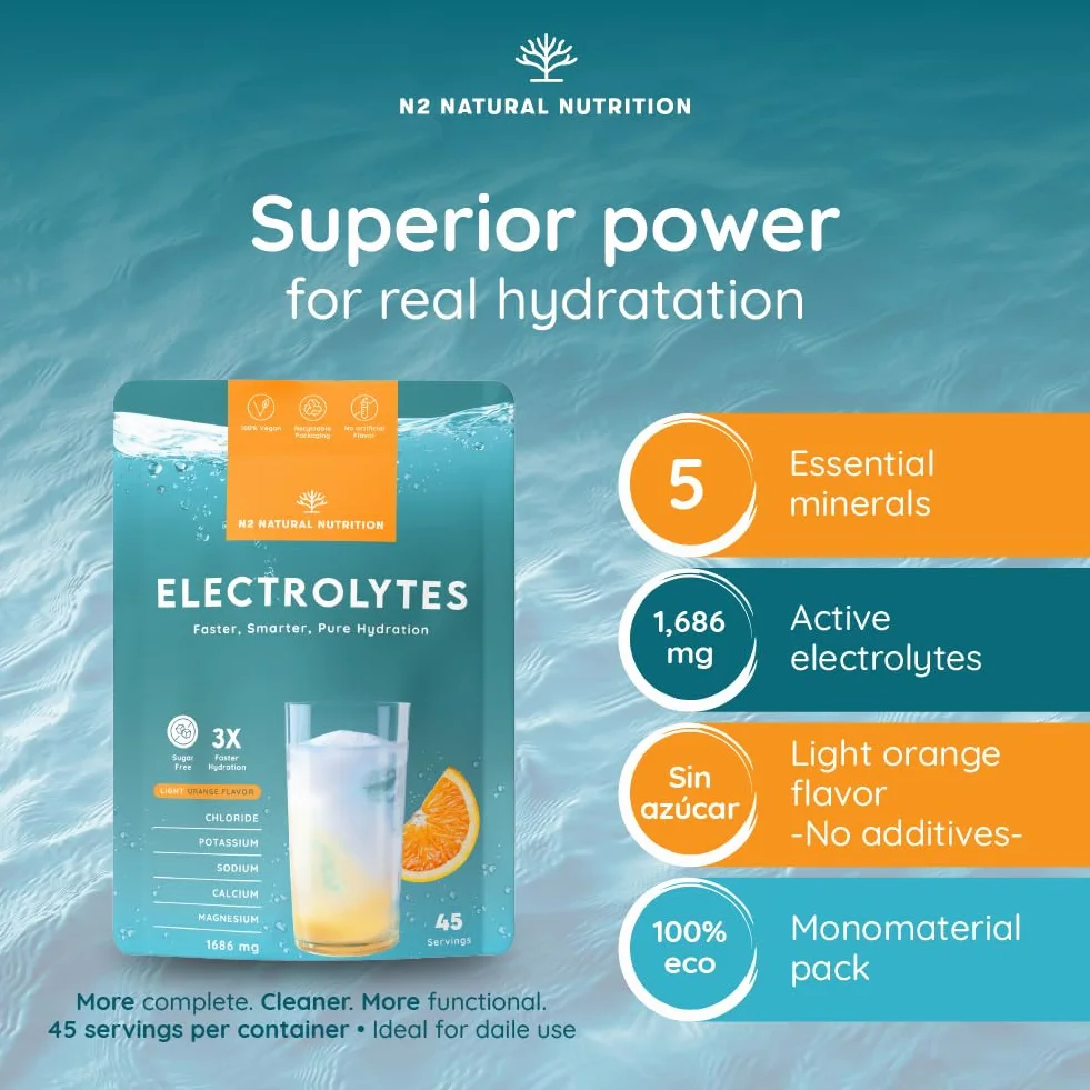 Elektrolity Bez Cukru, 45 Dni Hydratacji. Napój Proszkowy z Chlorkiem, Potasem, Sodem, Wapniem i Magnezem. Regeneracja i Energia. N2 Natural Nutrition