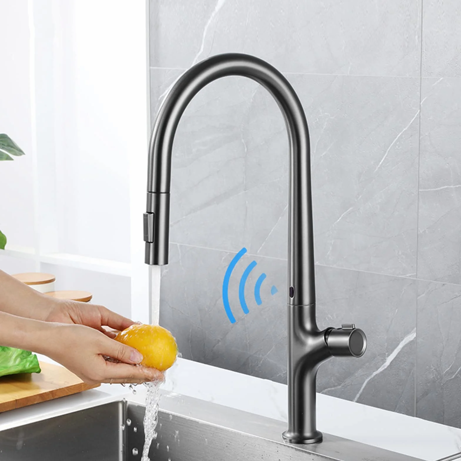 Bateria zlewozmywakowa Touch Kitchen Sink, baterie z wyciąganą wylewką i 2-funkcyjną wylewką, mosiężne jednouchwytowe krany kuchenne, Gun Grey