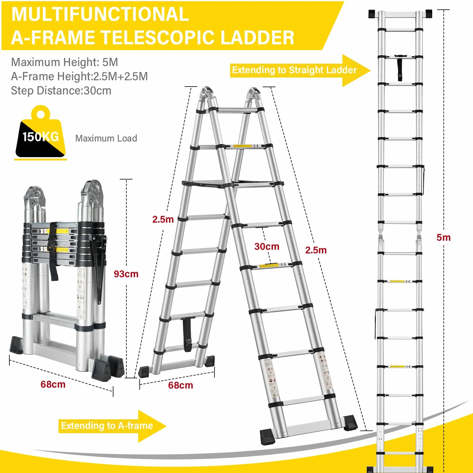 STANEW 5 m (2,5 + 2,5 m) aluminiowa drabina teleskopowa, składana, duża, wielofunkcyjna, 2 w 1, aluminiowa drabina z zapięciem przegubowym, maks. obciążenie: 150 kg, srebrna