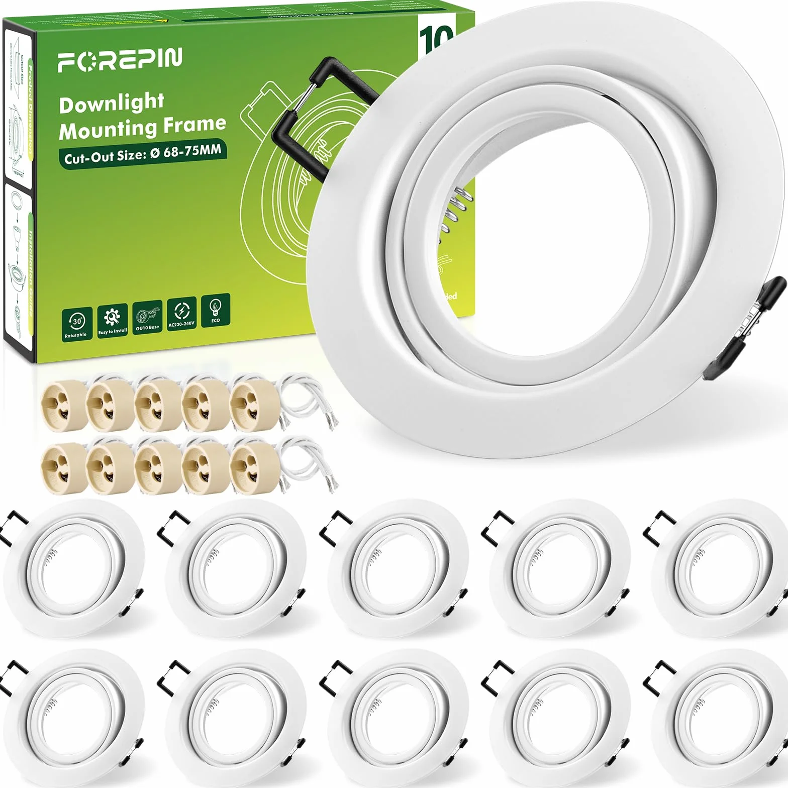 Oprawa punktowa LED GU10 wychylna 30° okrągła otwór montażowy 68-75 mm zestaw 10 sztuk