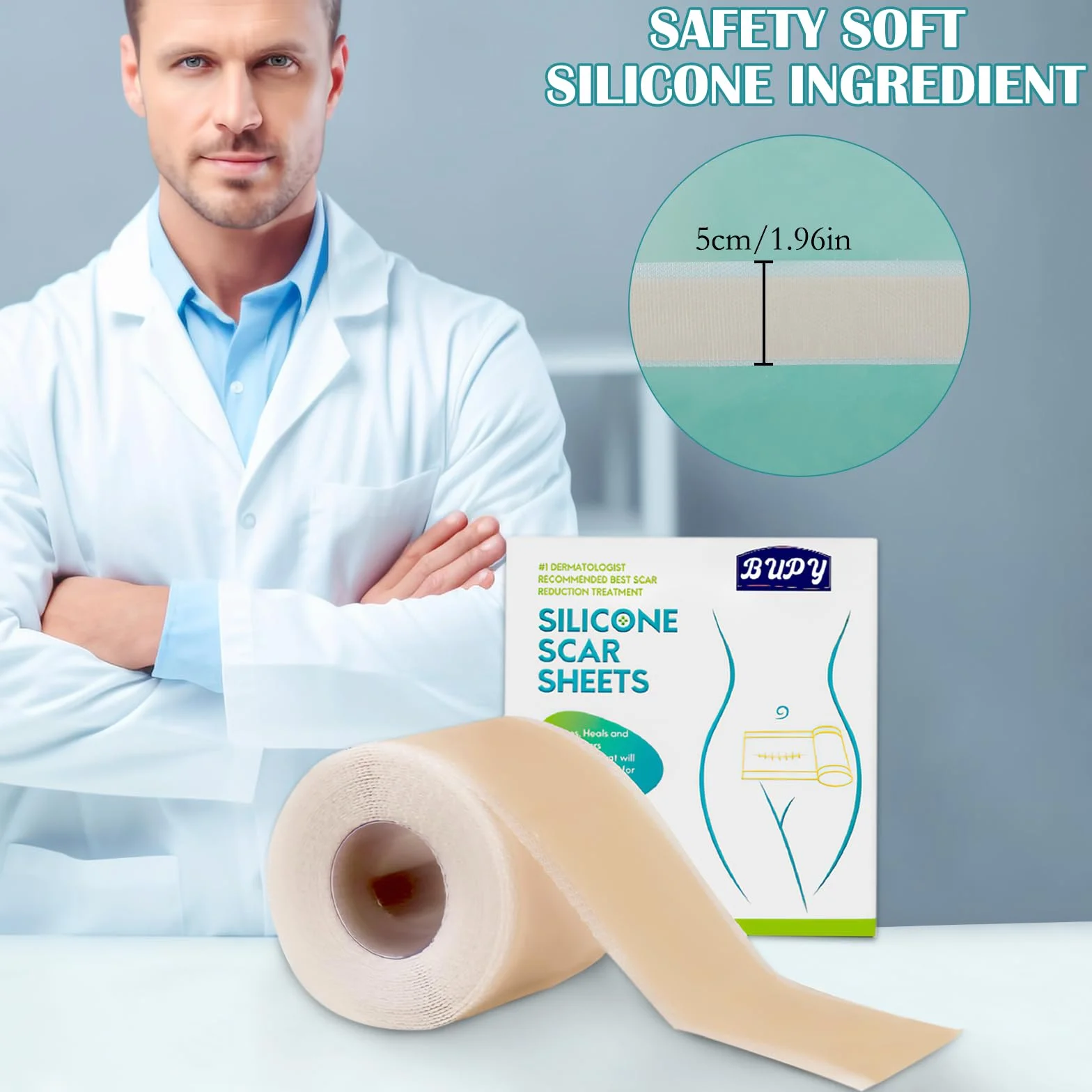 APOMOONS Silikonowy plaster na blizny, wałek do blizn, profesjonalny plaster na blizny dzięki sekcji C, wałek do blizn silikonowych, idealny do operacji, oparzeń, keloidów, trądziku (4 cm x 150 cm)