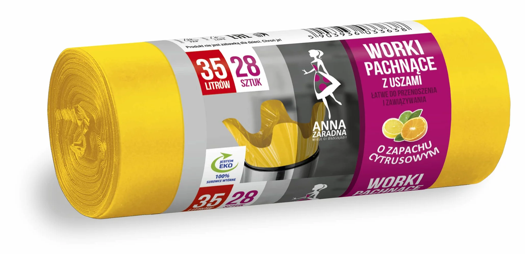 Anna Zaradna worki na śmieci z uszami, zapach CYTRUSOWY, 35l, 28 sztuk, kolor żółty