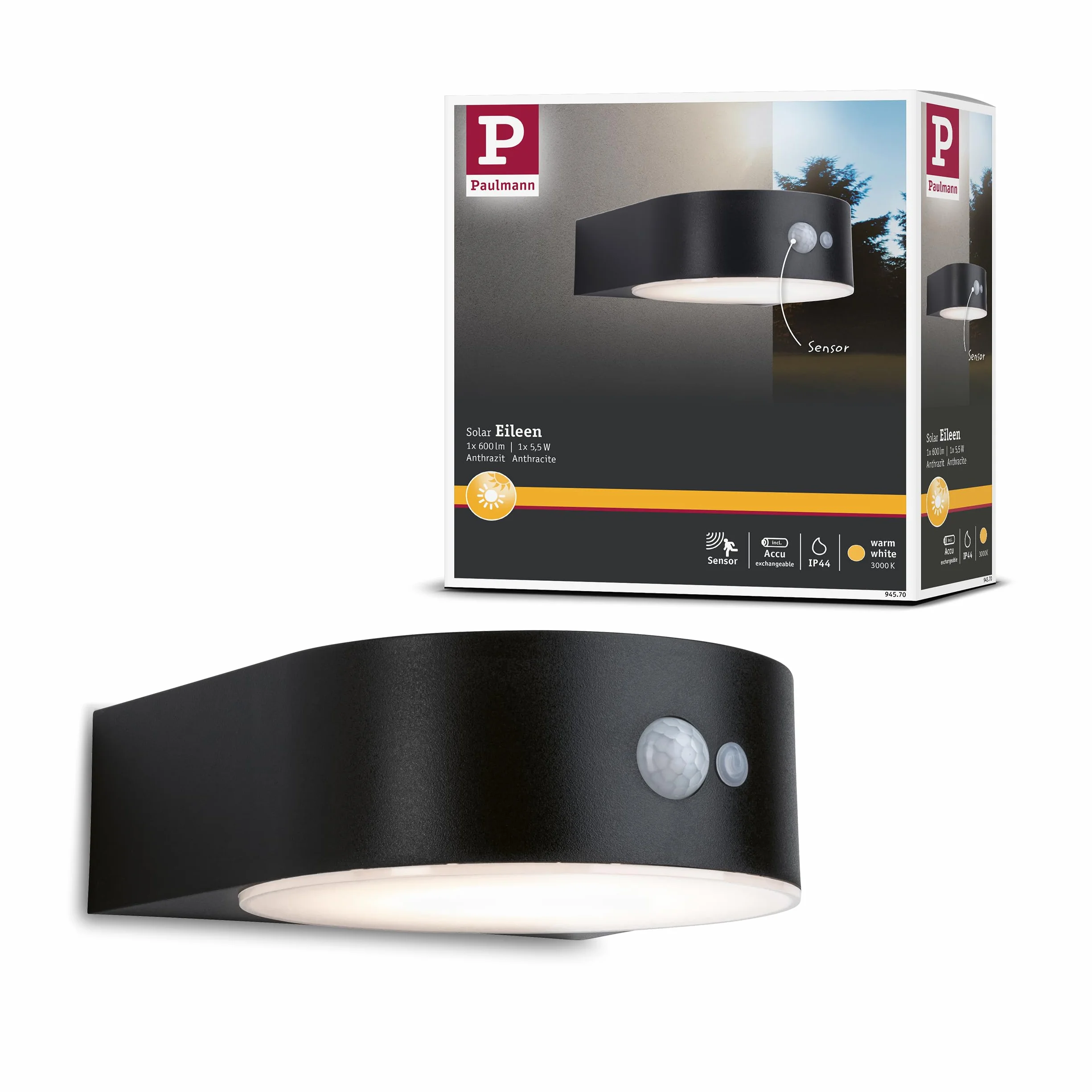 Paulmann Eileen 94570 LED lampa ścienna zewnętrzna z czujnikiem ruchu IP44 3000 K 3000 lm wraz z 1 x 5,5 W ciepła biel czarna bezprzewodowa tworzywo sztuczne do ponownego ładowania