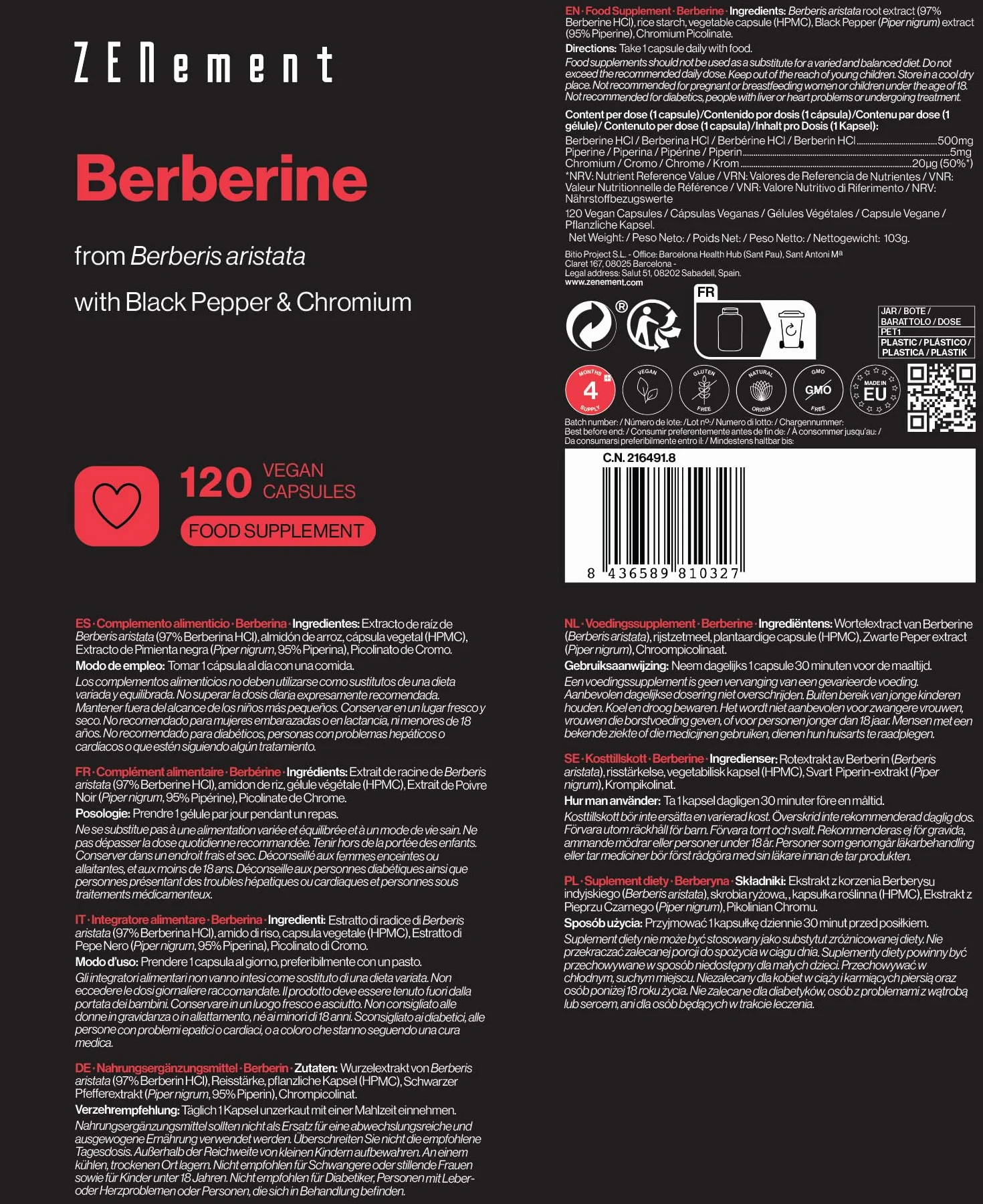 Berberyna, 120 kapsułek wegańskie | z Czarny Pieprz i Chromem | Najlepszy ekstrakt z Berberis aristata | Wegańskie, bez GMO, bezglutenowe | Zenement