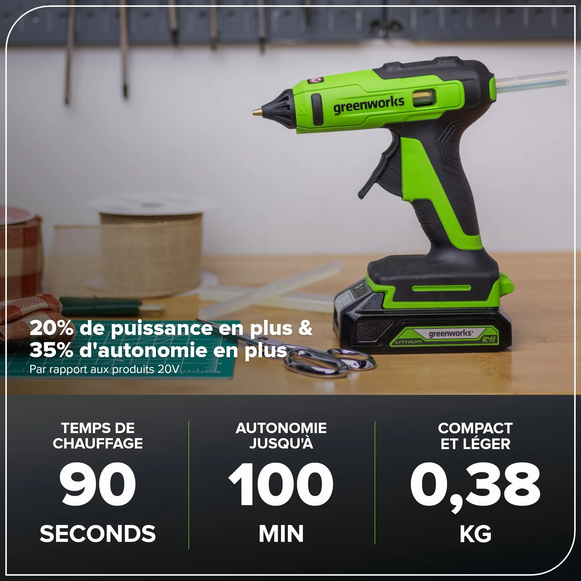 Greenworks Pistolet do klejenia na gorąco 24 V, bezprzewodowy, 90 sekund, szybkie nagrzewanie, światło LED, dysza bez kapania, automatyczne wyłączanie do majsterkowania, sztuki, rzemiosła, dekoracji