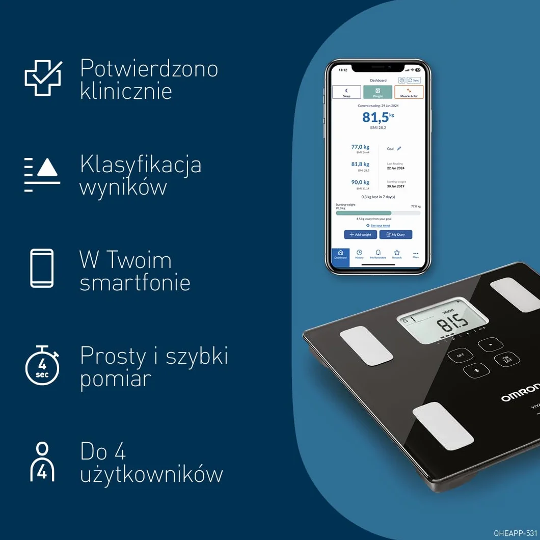 Waga OMRON VIVA Bluetooth Smart i monitor składu ciała z pomiarem tkanki tłuszczowej, masy ciała, zawartości tłuszczu trzewnego, masy mięśni szkieletowych, metabolizmu spoczynkowego i BMI