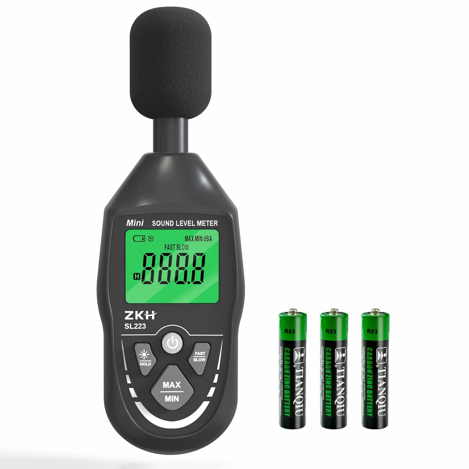 ZKH Cyfrowy miernik dźwięku, przenośny miernik dźwięku 30-130dB, ekran LCD, ważony A, częstotliwości 30-8KHz, rozdzielczość 0,1dB, dokładność ±1,5 dB, Max/Min/Hold funkcja, do domu, fabryki, głośny