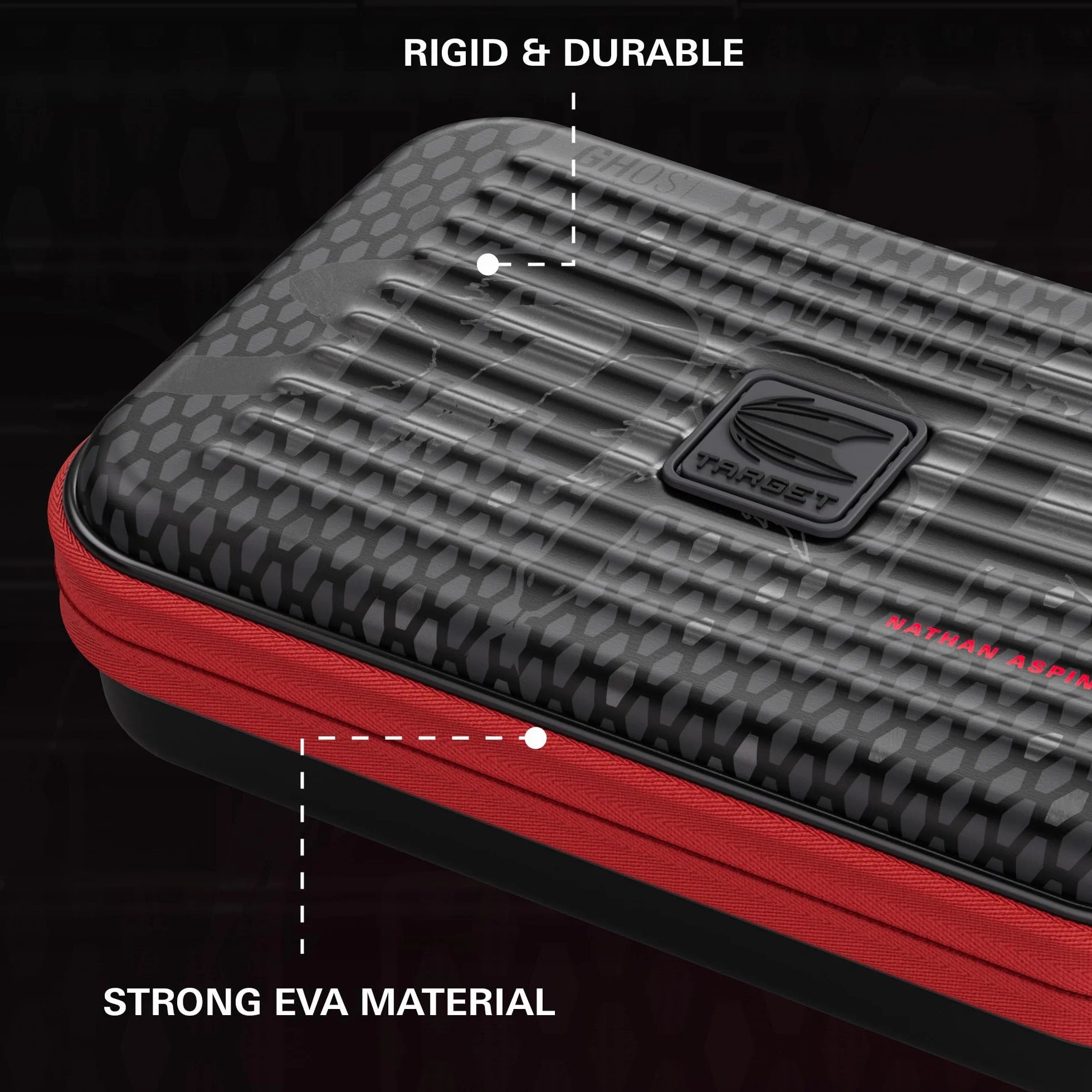 Target Darts Nathan Aspinall Ghost Series XL Takoma Wallet – “The Asp” profesjonalne etui na 6 zmontowanych rzutek, zamek błyskawiczny, trwałe czarno-białe akcesoria do przechowywania.