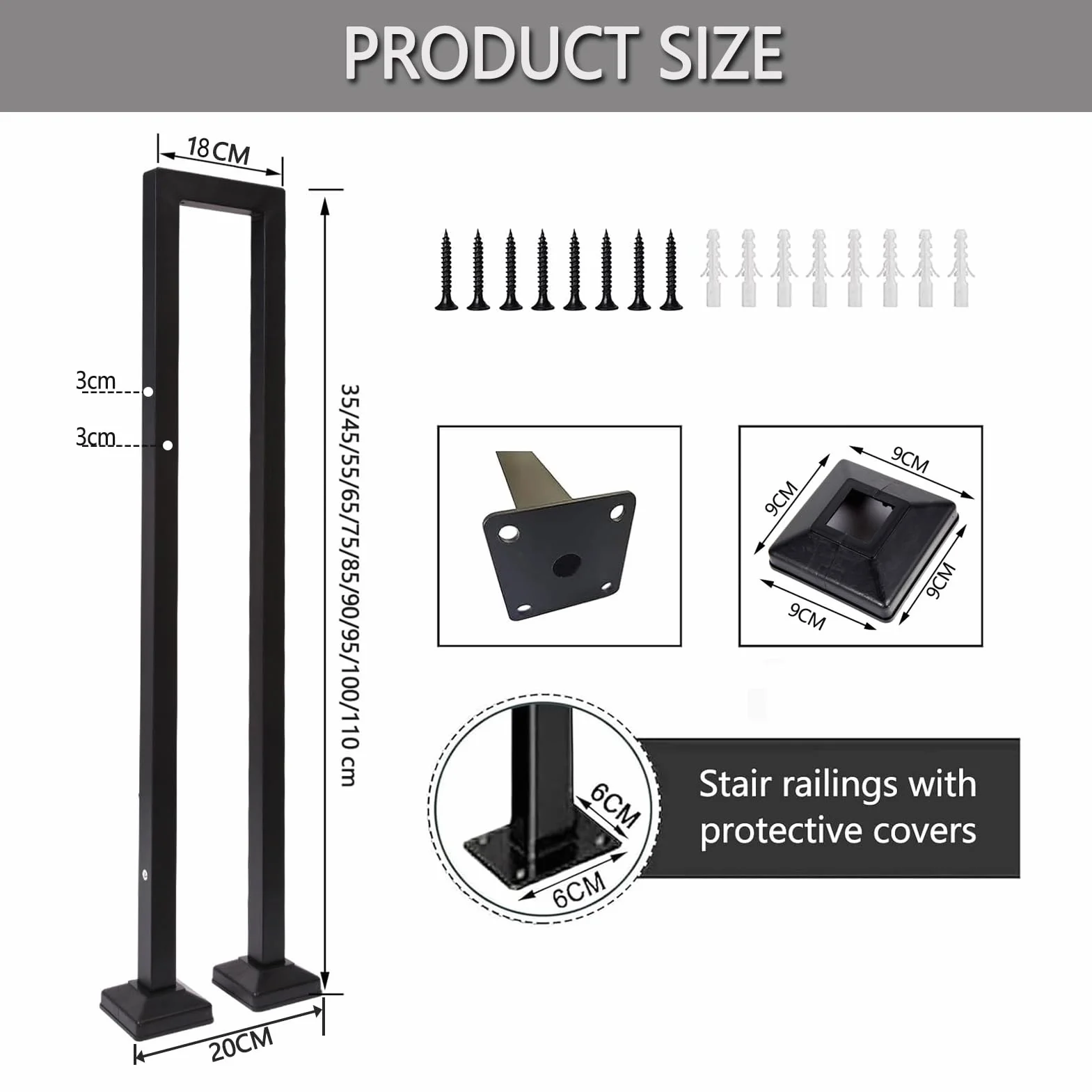 Poręcz schodowa wewnątrz, schody w kształcie litery U, poręcz 35-110 cm, metalowa poręcz do willi (czarna, 85 cm)