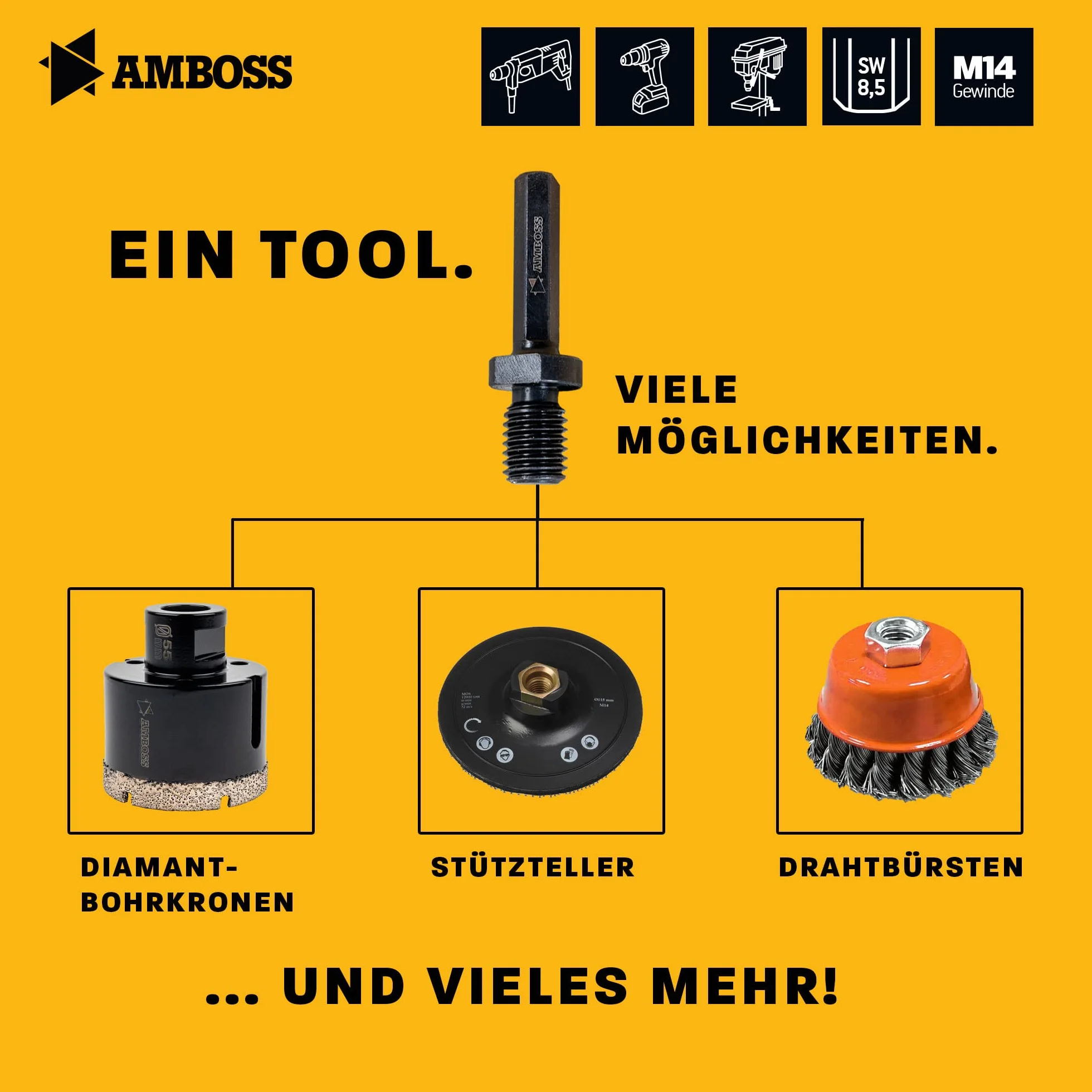 Amboss Werkzeuge Adapter 6-kątny na gwint M14 / szlifierka kątowa korony wiertnicze, talerze podporowe, szczotki druciane z wiertarką / diamentowe wiertło do płytek na sześciokątnym