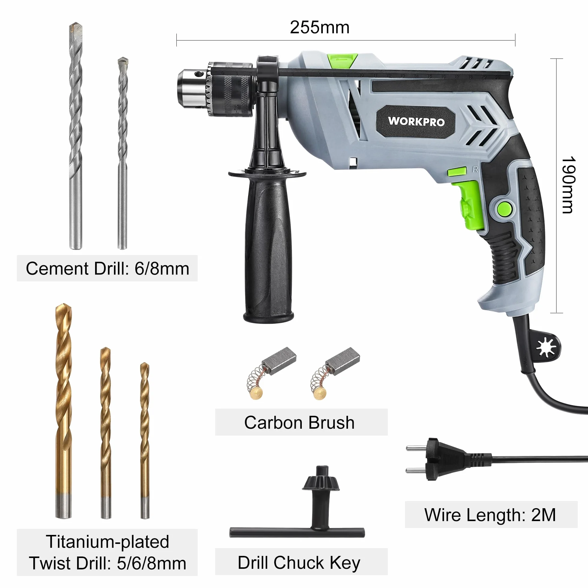 WORKPRO Wiertarka udarowa 850 W, wiertarka 3000 obr./min, młotek i wiertło 2 w 1 z uchwytem obrotowym 360°, uchwyt wiertarski 13 mm, w zestawie 3 wiertła spiralne i 2 wiertła do betonu