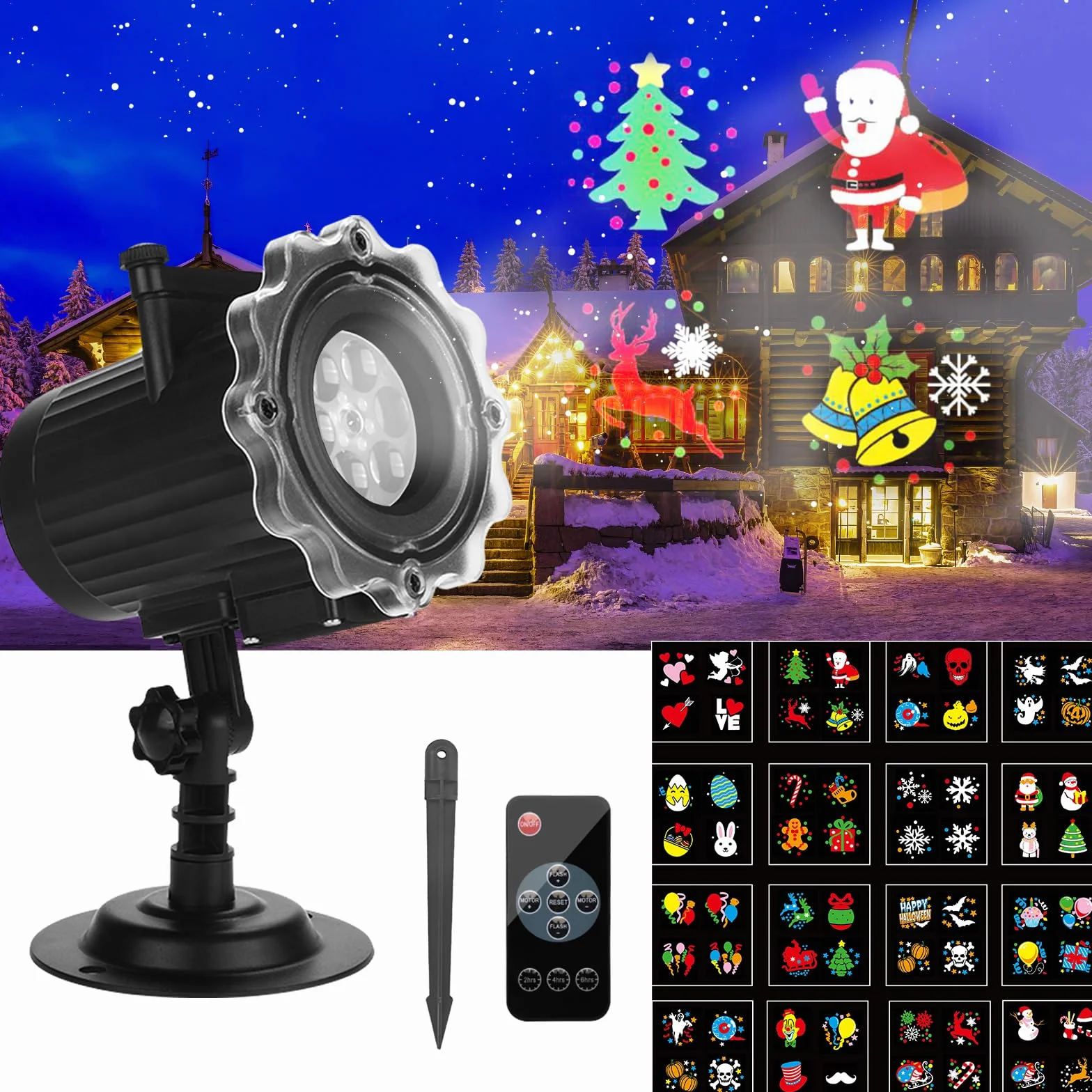 Projektor zewnętrzny na zewnątrz, lampa bożonarodzeniowa LED z pilotem zdalnego sterowania i 16 slajdów HD, wodoodporna dekoracja na Boże Narodzenie, Halloween, Walentynki, Wielkanoc, impreza