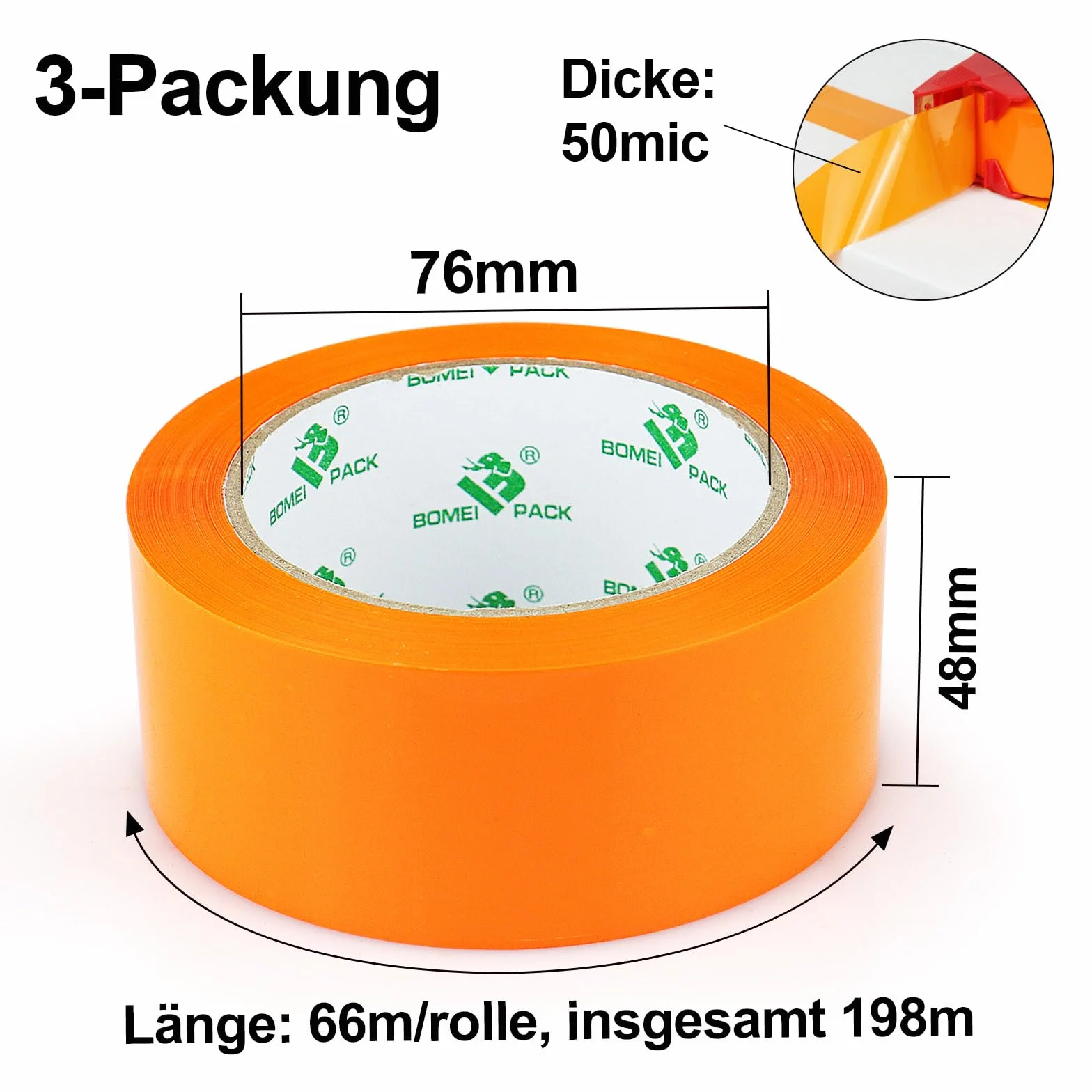 BOMEI PACK 3 rolki pomarańczowej taśmy pakowej, taśma klejąca, taśma kartonowa, 66 m x 48 mm, materiały do pakowania opakowań i kartonu, taśma pakowa z dozownikiem z tworzywa sztucznego