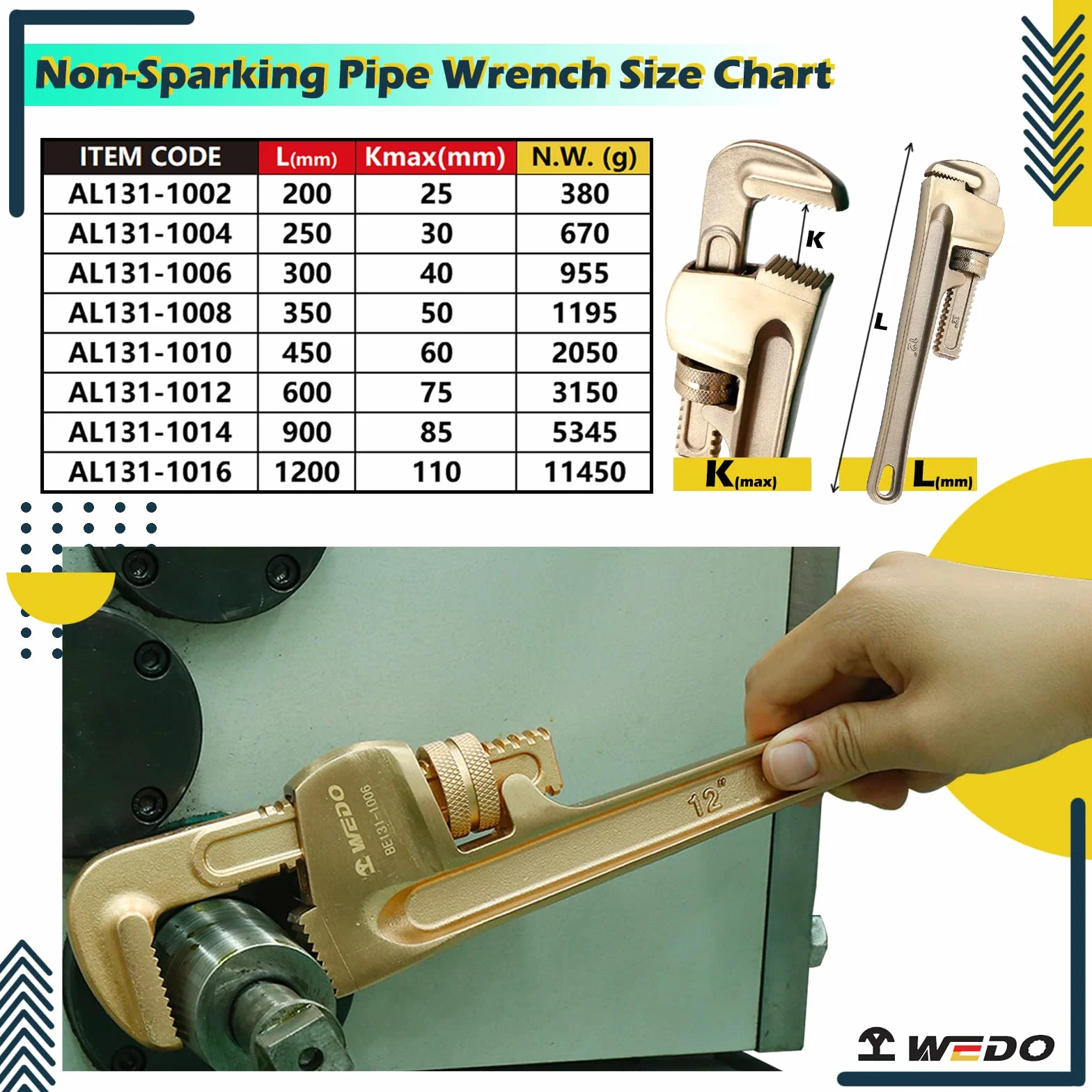 WEDO 8-calowy klucz do rur nieiskrzących, klucze do rur prostych szczęk maksymalna pojemność 2,5 cm, brąz aluminiowy, standard DIN, certyfikat BAM i FM