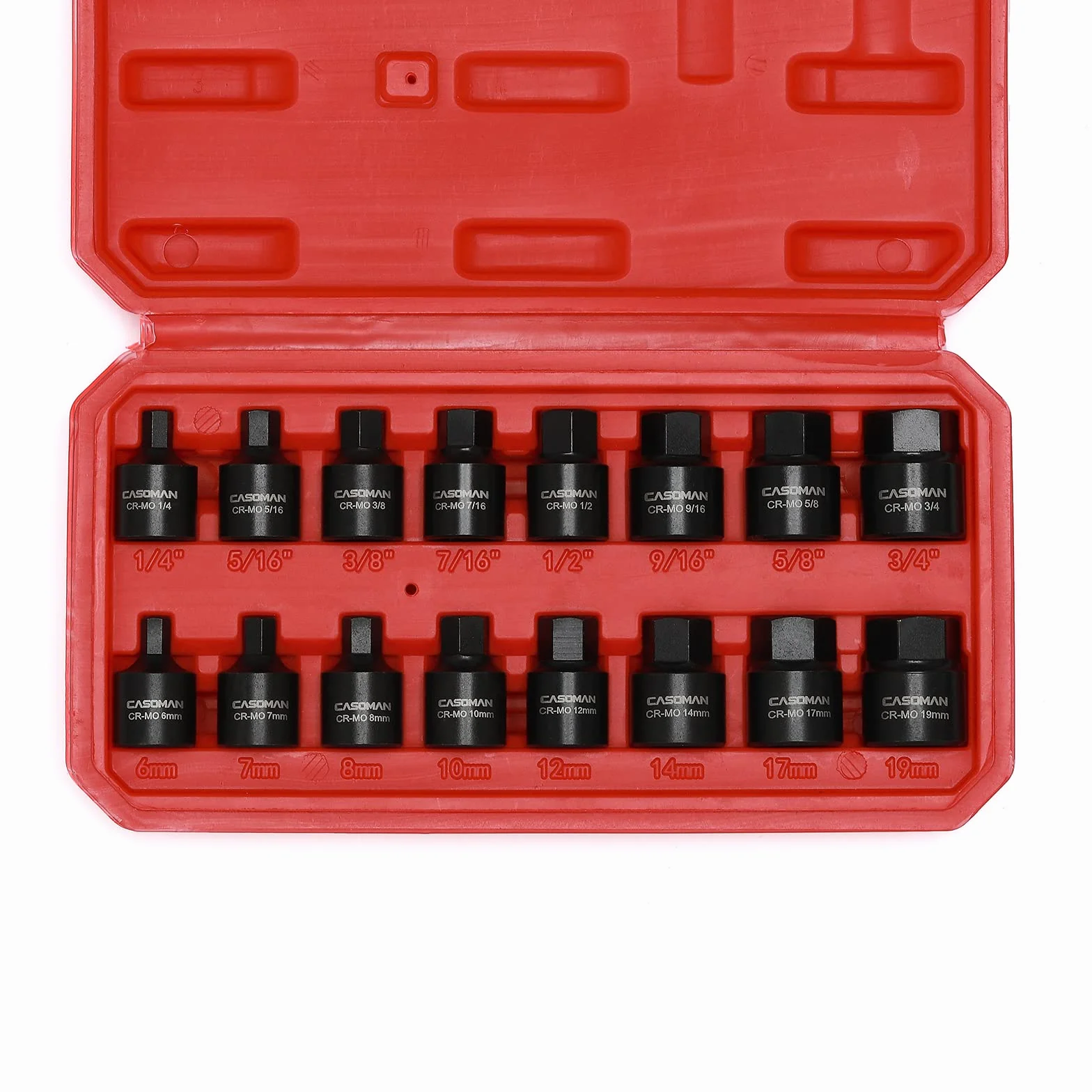 CASOMAN 16-częściowy zestaw wkrętarek udarowych o niskim profilu 3/8", Cr-Mo, 6 mm-19 mm, zestaw nasadek sześciokątnych