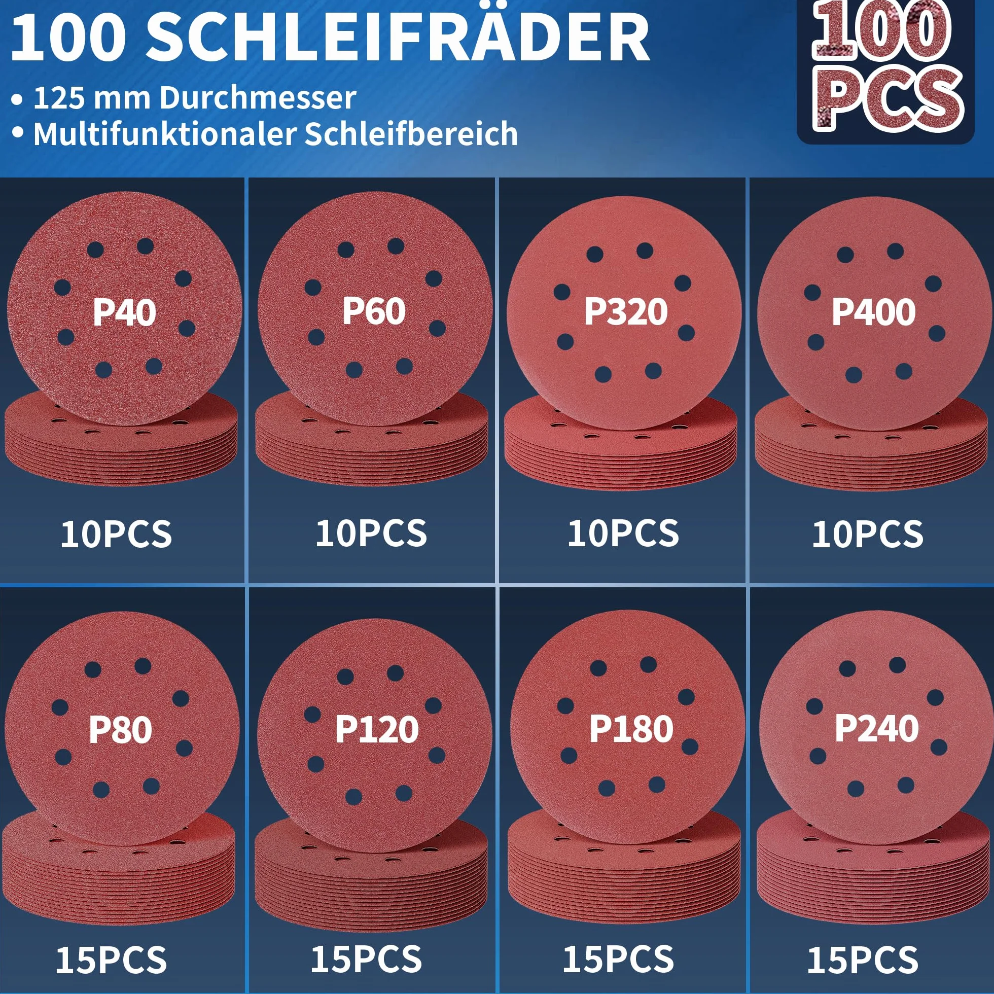 100 sztuk papieru ściernego, mocowane na rzep krążki szlifierskie 5 w 8 otworów, P40/P60/P80/P120/P180/P240/P320/P400, szlifierka ścienna do drewna, metalu, tworzywa sztucznego, akcesoria do