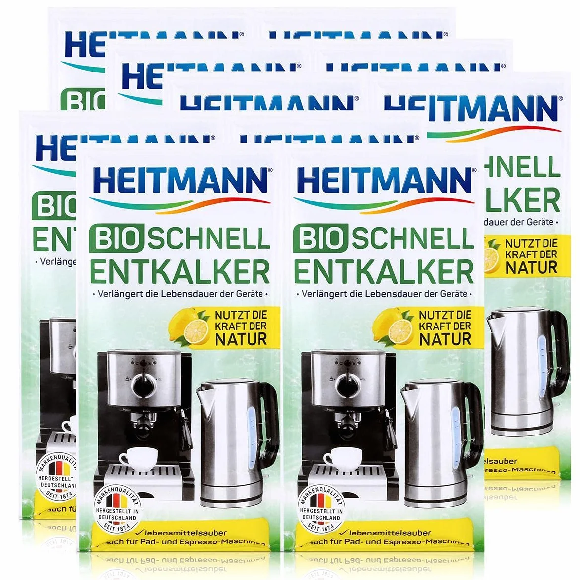 Heitmann BIO szybki odkamieniacz: naturalny uniwersalny odkamieniacz do ekspresów do kawy, czajnika, gotowania jajek, 2 x 25 g, 5 sztuk