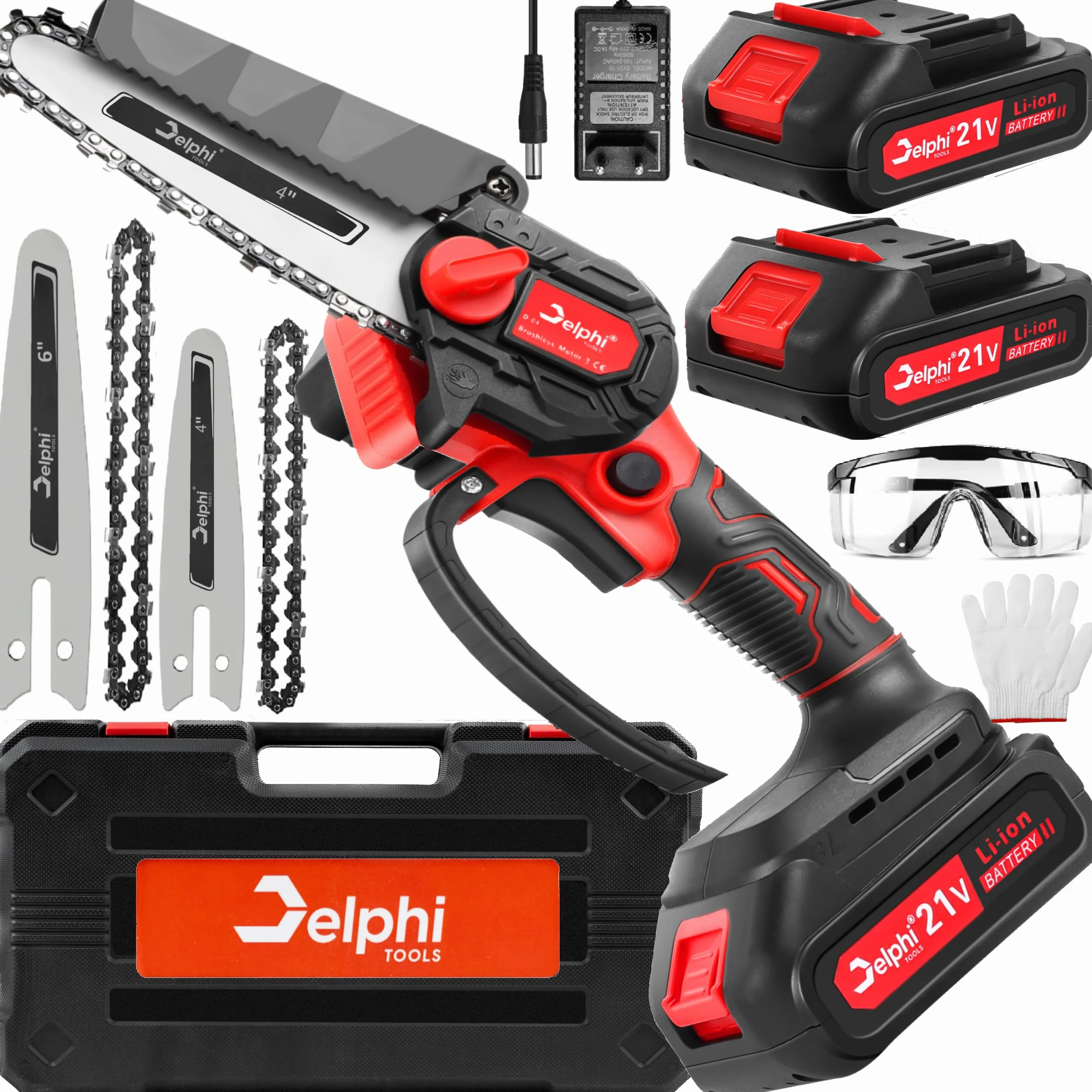 Delphi Mini piła łańcuchowa z akumulatorem 3000 mAh, bezszczotkowa piła łańcuchowa (2 x 21 V 1500 mAh) bezprzewodowa piła łańcuchowa, mała ręczna piła łańcuchowa do cięcia drzew i krzewów, blokada