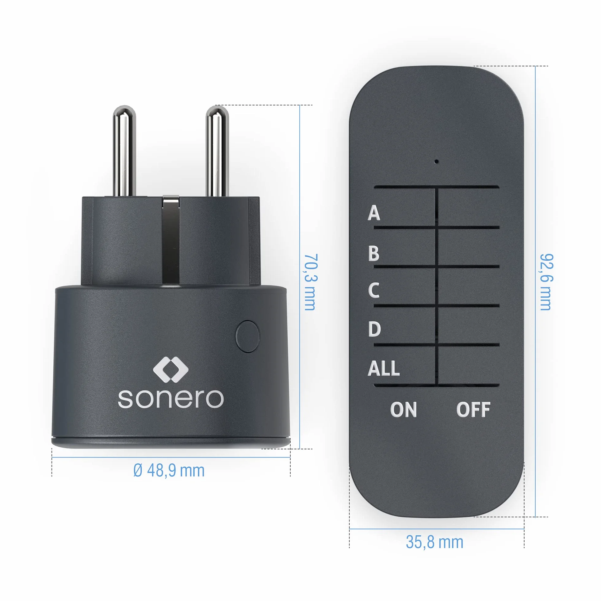 Sonero zestaw z bezprzewodowymi gniazdami 2300 W 4 gniazda pilot zdalnego sterowania antracyt