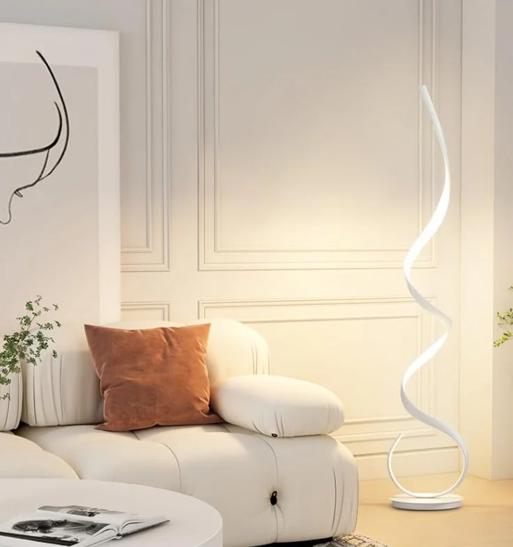 Lampa podłogowa spiralna, lampka do czytania LED z pilotem i przełącznikiem nożnym, bezstopniowa regulacja koloru i jasności do oświetlenia narożnikowego w sypialni, salonie, gabin