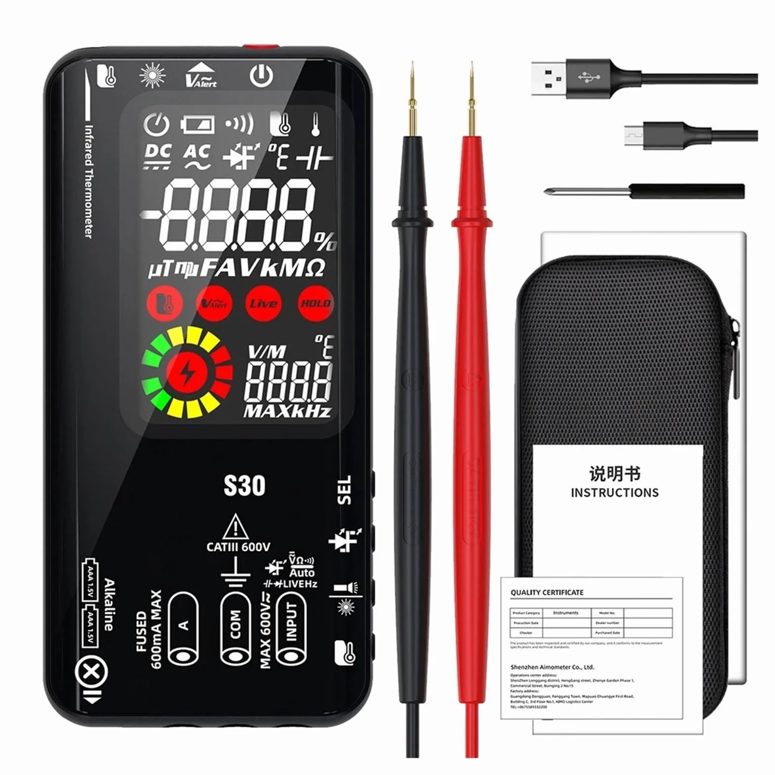 S30 USB Charge Kolorowy Ekran LCD Multimetr Cyfrowy Termometr Na Podczerwień True 15V Dioda AC DC Napięcie Prądu Tester Szybko Dokładnie Łatwy Odczyt(Black S30)