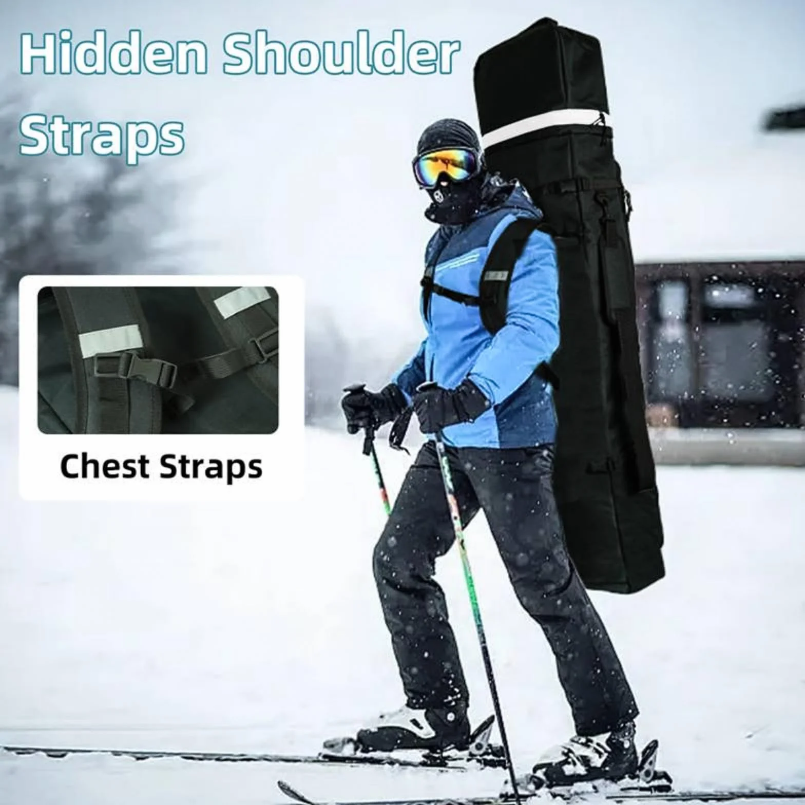AUMTISC Torba snowboardowa, wyściełana, wytrzymała torba narciarska z wodoodporną podszewką, regulowane paski na ramię, pasuje do desek snowboardowych 155-180 cm, czarna/niebieska