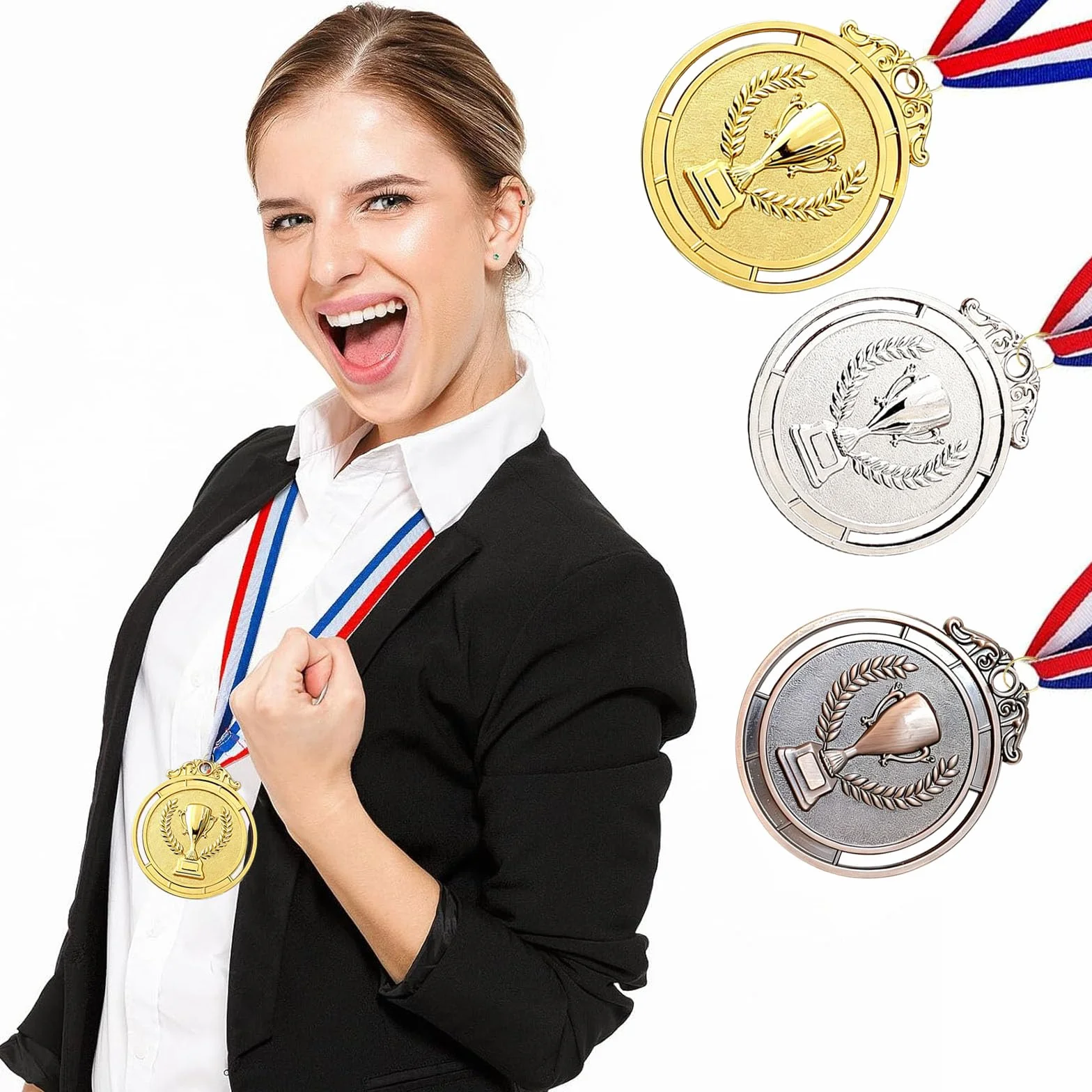12 sztuk medali nagród, złote srebrne brązowe medale ze wstążkami na szyję, medale nagrody dla dzieci, na zawody, imprezy, sport, styl olimpijski