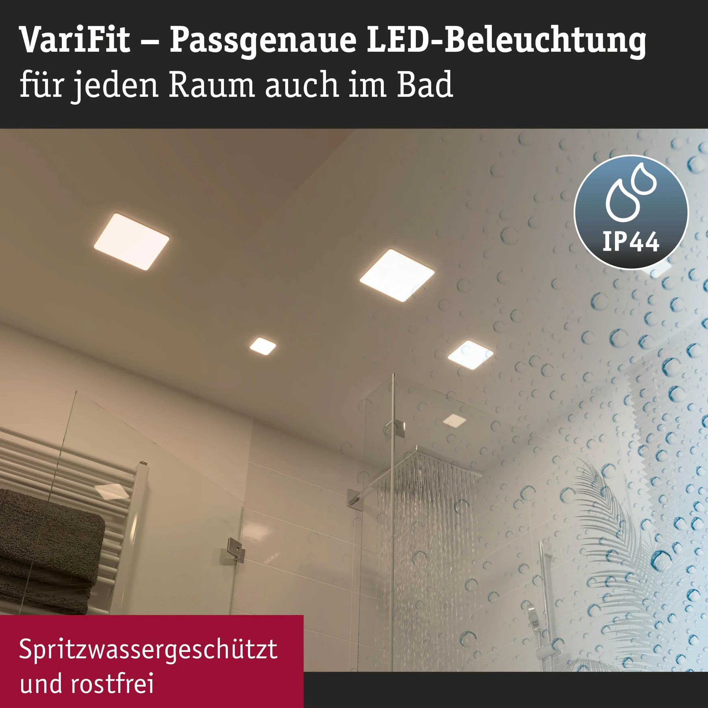Paulmann 92397 Panel LED, oprawa wpuszczana Veluna VariFit, IP44 125x125mm czworok., w kompl. oprawa sufitowa 1x8,5 W satyn. tworzywo sztuczne 4000 K