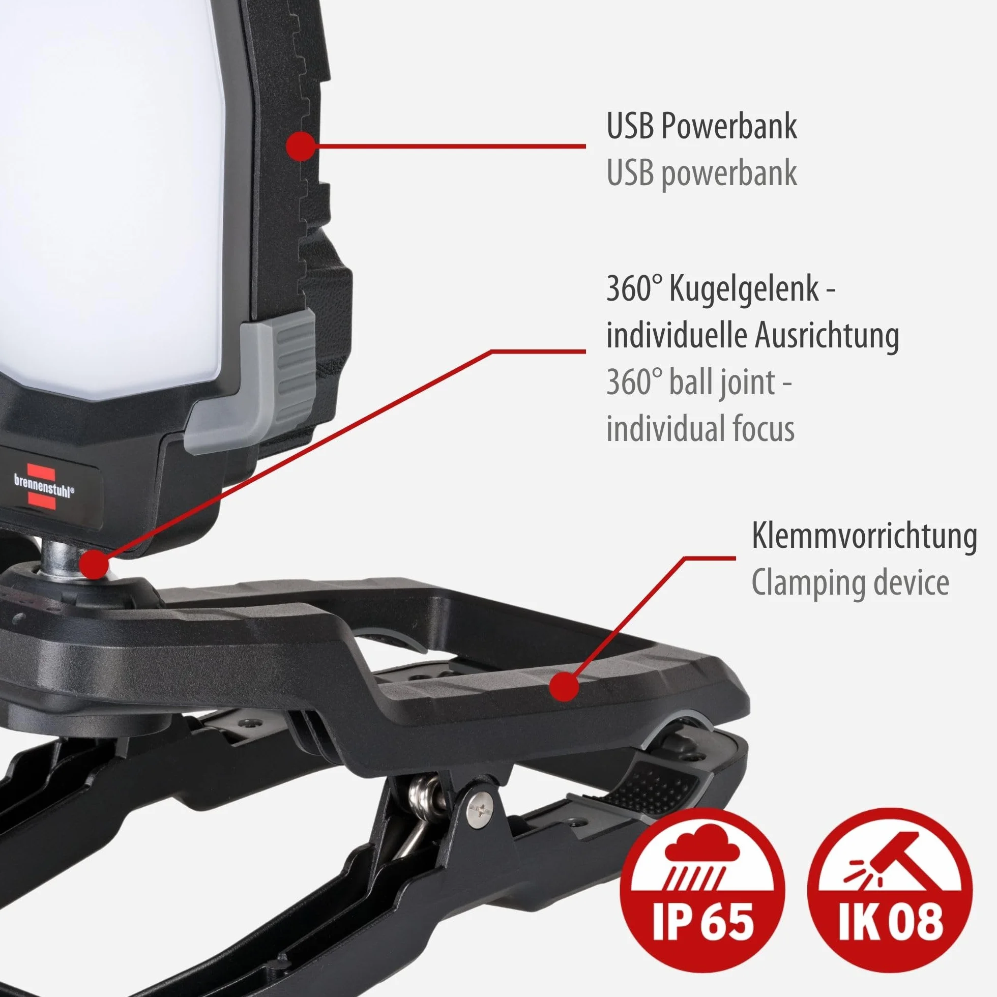 Brennenstuhl lampa robocza CL 4050 MA/Reflektor LED 40W z urządzeniem mocującym (reflektor budowlany LED z USB, Powerbank i funkcją ściemniania, 3800lm, IP65, Engineered in Germany, 1173070020
