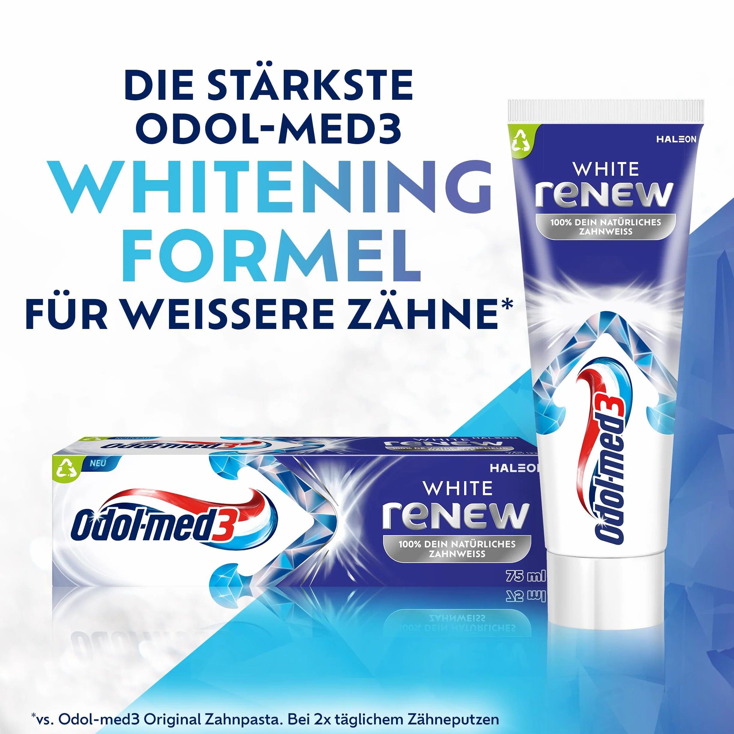 Odol-med3 White reNEW pasta do zębów, do 3 razy skuteczniejsze usuwanie przebarwień*, tworzenie osłony ochronnej dla długo utrzymujących się białych zębów***, 4 x 75 ml