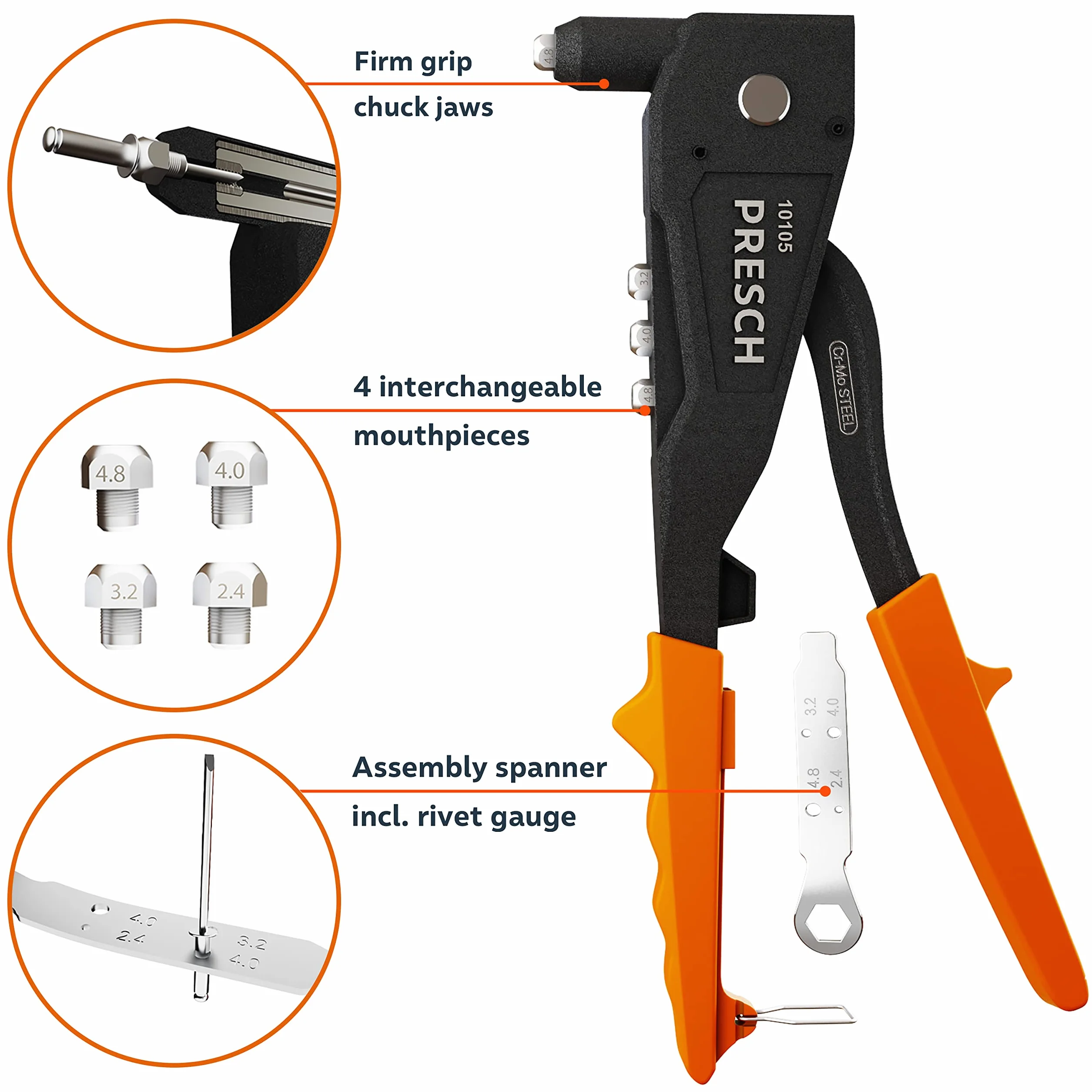Presch Pistolet do nitów - Solidny, profesjonalny pistolet do nitów - Nitownica z ergonomicznym uchwytem do nitów zrywalnych - Stal Ø 2,4, 3,2, 4,0 mm i stal aluminiowa do 4,8 mm